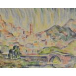 Kubist (1. Hälfte 20. Jh.), "Stadt in den Bergen mit Turm", Pastell, 22,0 x 28,0 cm, links unten mit