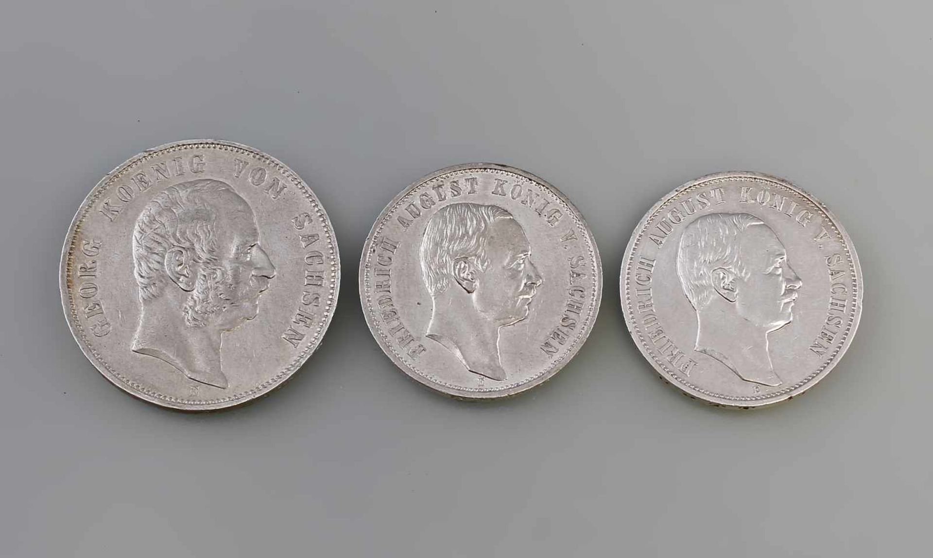 3 Silbermünzen Deutsches Reich Sachsen Friedrich August König V. Sachsen, 900er Silber, 5 Mark