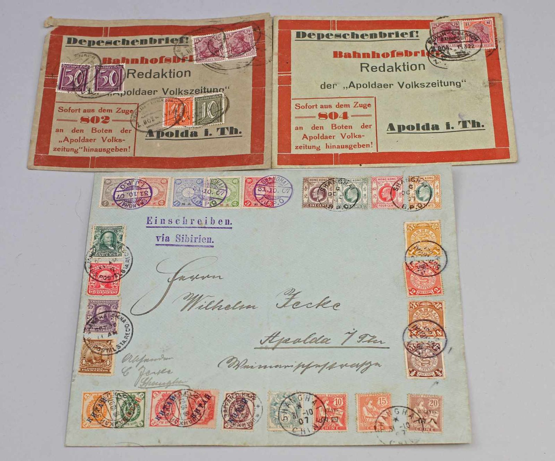 Briefmarken/ Einschreiben 1907 Shanghai Apolda u.a. Einschreiben via Sibirien von Shanghai/China
