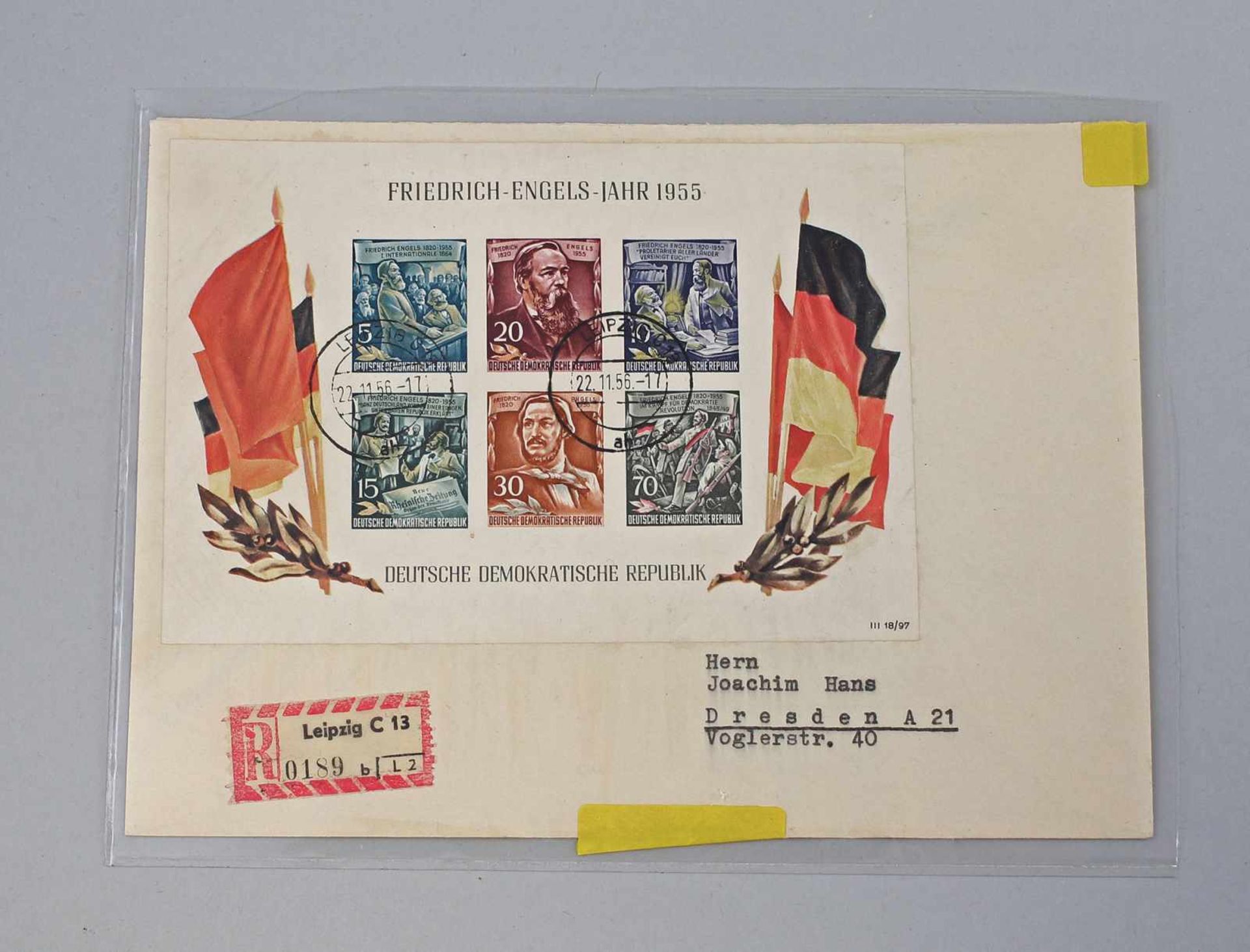 Briefbeleg DDR 1956 Block 13 als Einschreiben DDR 1956, Block 13 (60. Todestag von Friedrich Engels)