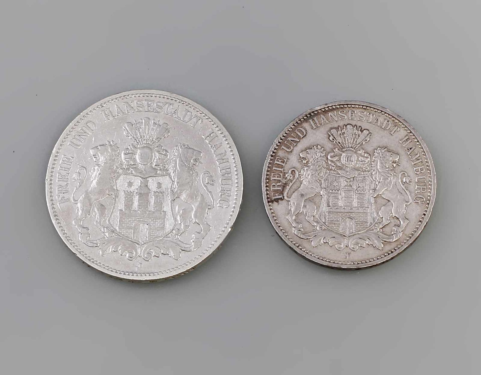 2 Silbermünzen Deutsches Reich Hamburg 1876/1909 Freie und Hansestadt Hamburg, 900er Silber, 5