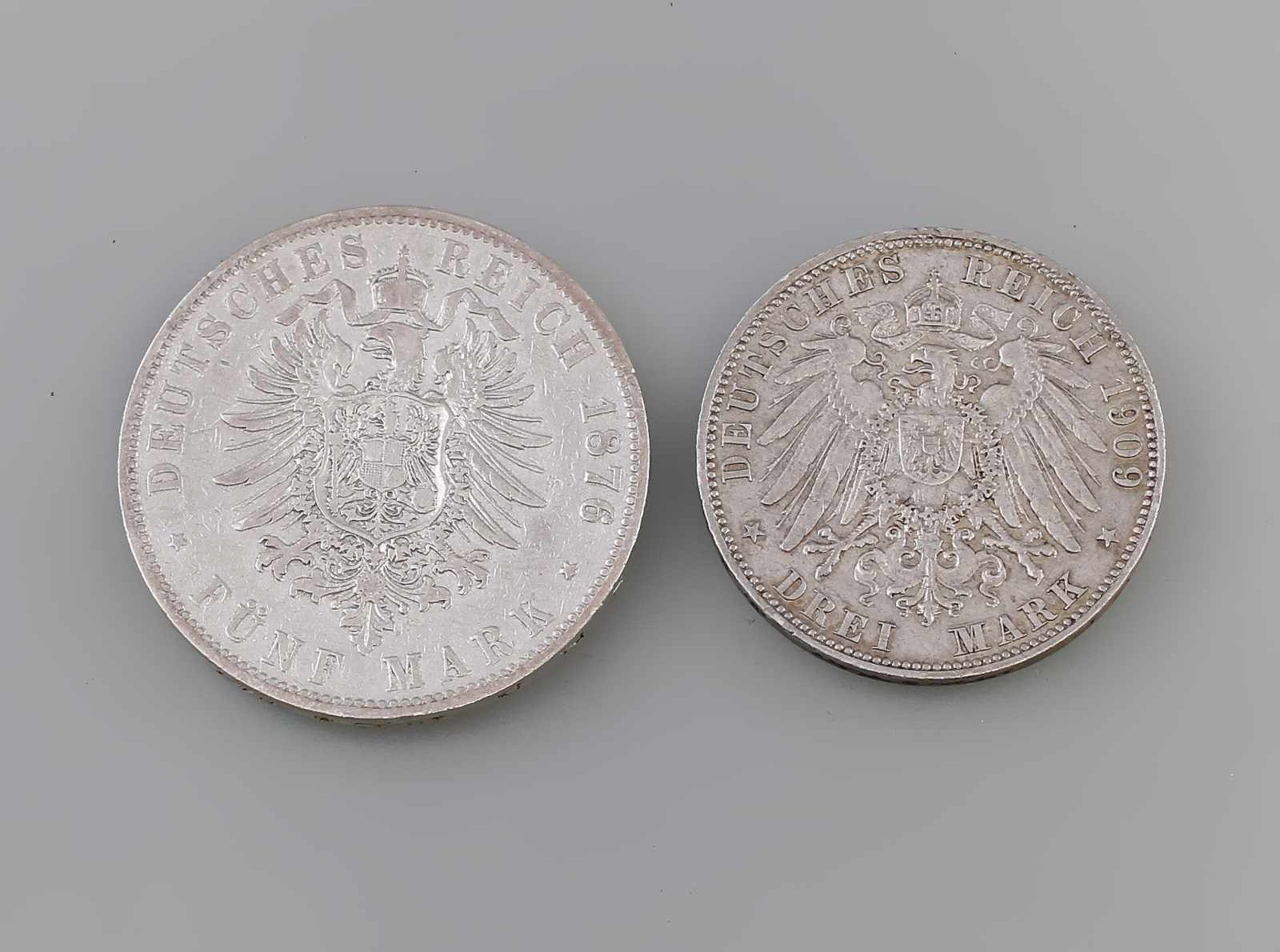 2 Silbermünzen Deutsches Reich Hamburg 1876/1909 Freie und Hansestadt Hamburg, 900er Silber, 5 - Bild 2 aus 2