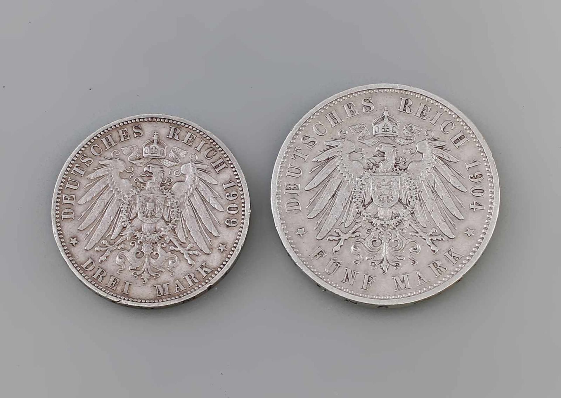 2 Silbermünzen Deutsches Reich Württemberg Wilhelm II Koenig Von Wuerttemberg, 900er Silber, F, 3 - Image 2 of 2