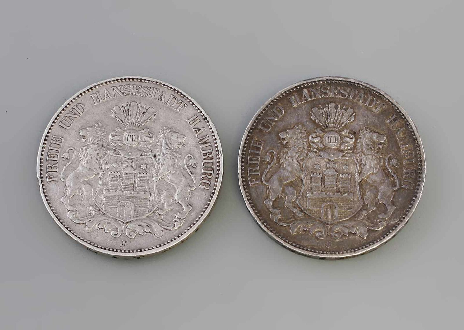 2 x 5 Mark Hamburg Deutsches Reich 1902/08 Freie und Hansestadt Hamburg, 900er Silber, je 27,7 g, J,