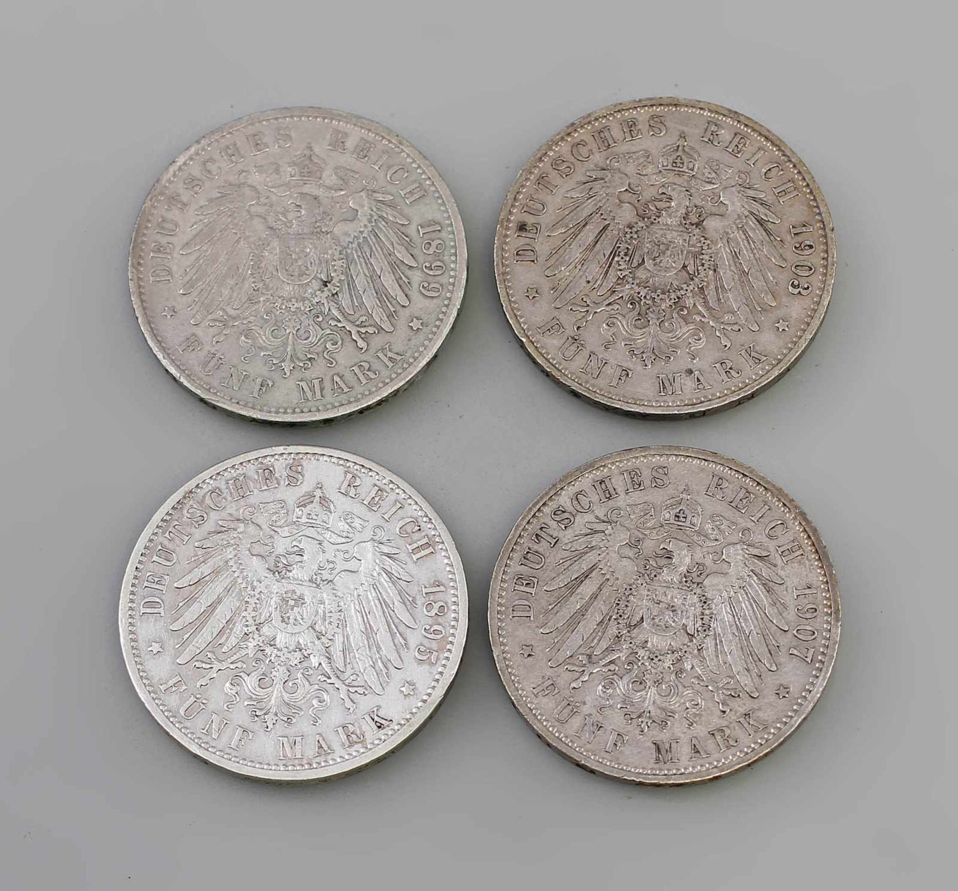 4 x 5 Mark Silbermünzen Deutsches Reich Preussen Wilhelm II Deutscher Kaiser König V. Preussen, A, - Bild 2 aus 2