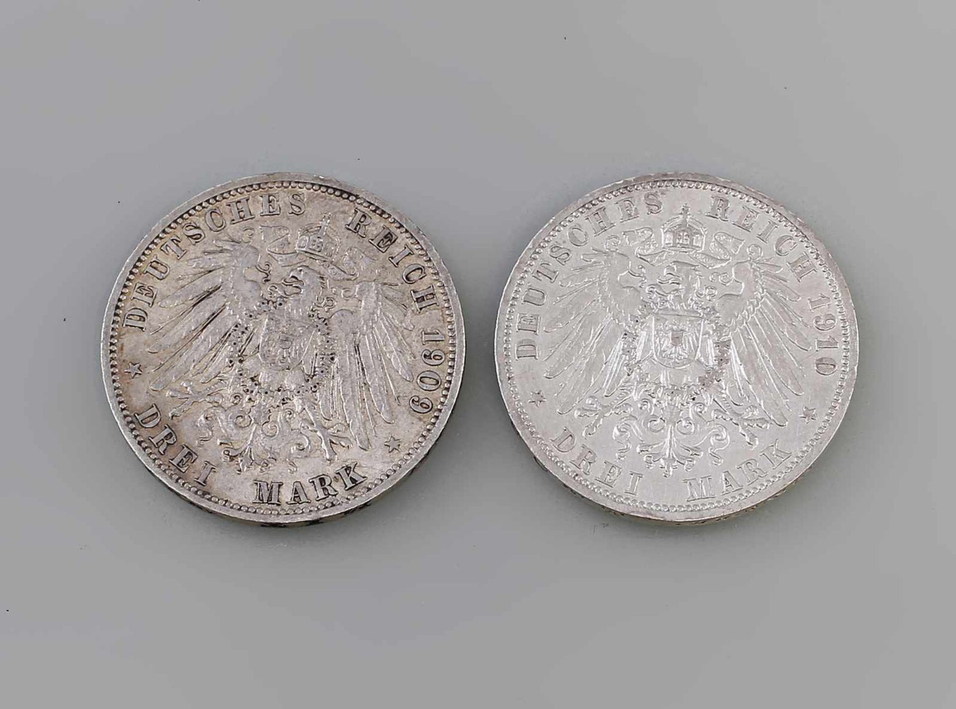 2 x 3 Mark Silbermünzen Deutsches Reich 1909/10 Wilhelm II Deutscher Kaiser König V. Preussen, A, - Bild 2 aus 2