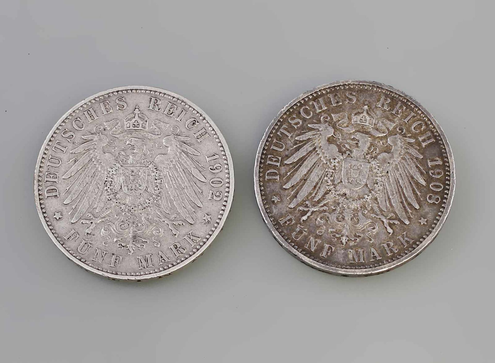 2 x 5 Mark Hamburg Deutsches Reich 1902/08 Freie und Hansestadt Hamburg, 900er Silber, je 27,7 g, J, - Image 2 of 2