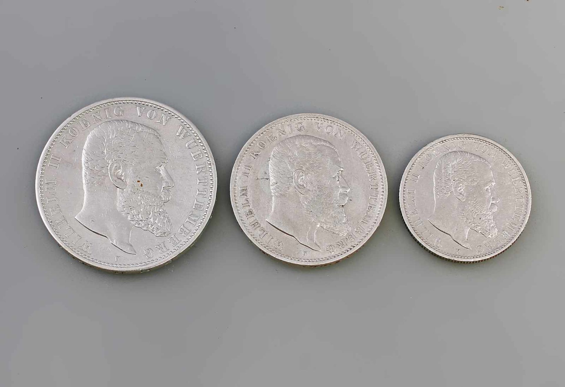 3 Silbermünzen Deutsches Reich Württemberg Wilhelm II Koenig Von Wuertemberg, 900er Silber, 2 Mark