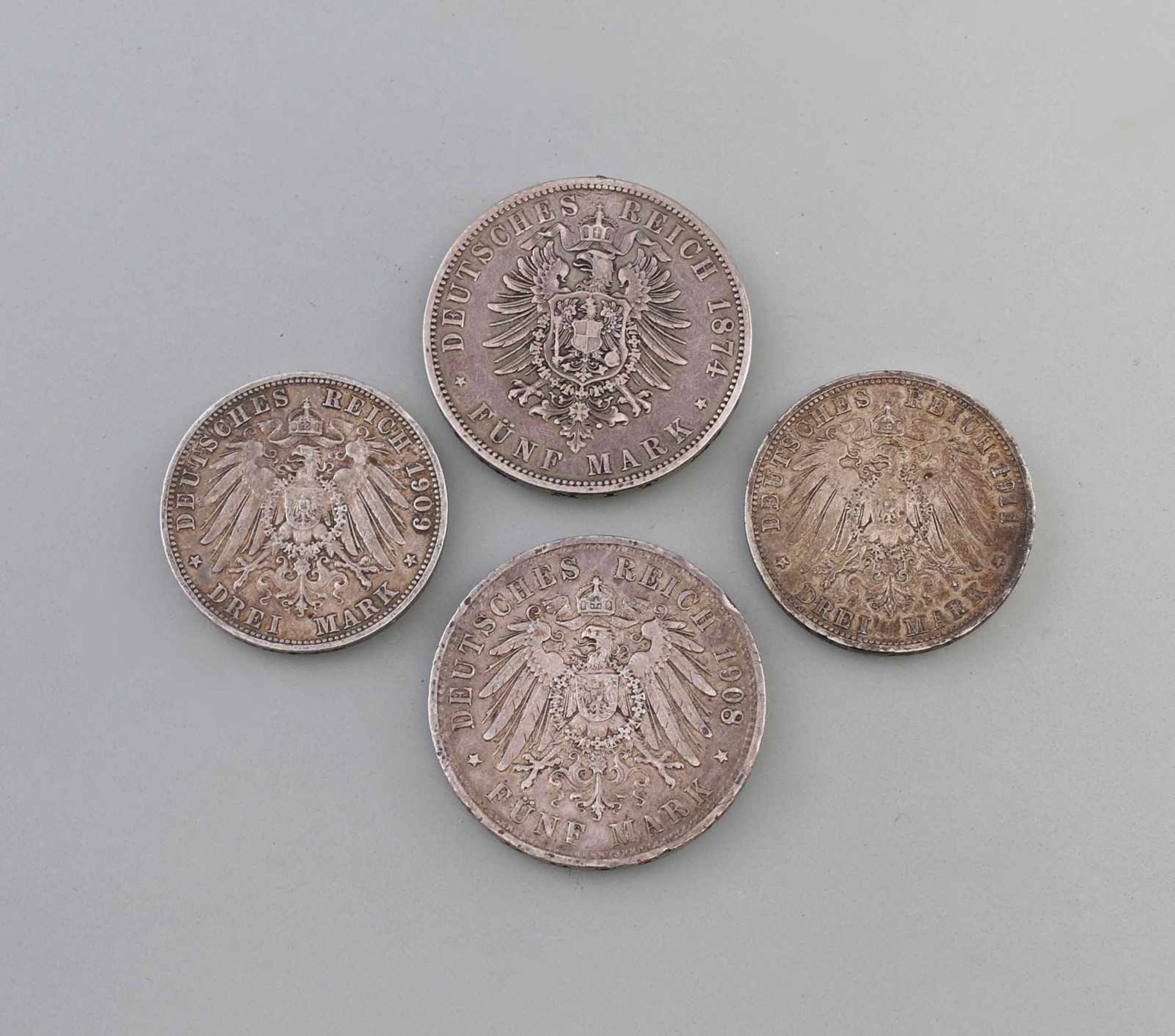 4 Silber-Münzen Deutsches Reich Preussen und Baden dabei 5 Mark 1874 Preussen (Rückstand einer - Image 2 of 2