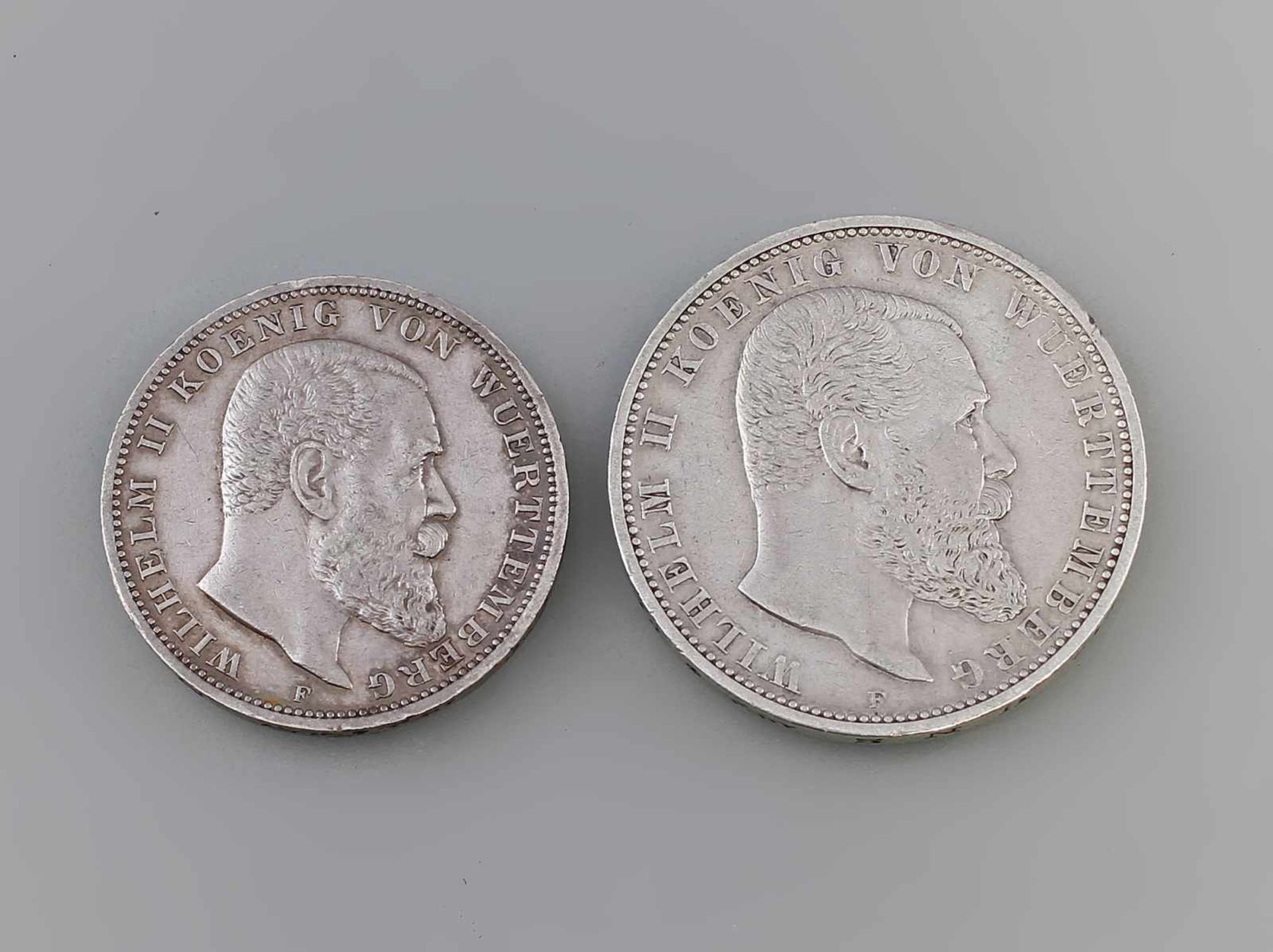 2 Silbermünzen Deutsches Reich Württemberg Wilhelm II Koenig Von Wuerttemberg, 900er Silber, F, 3