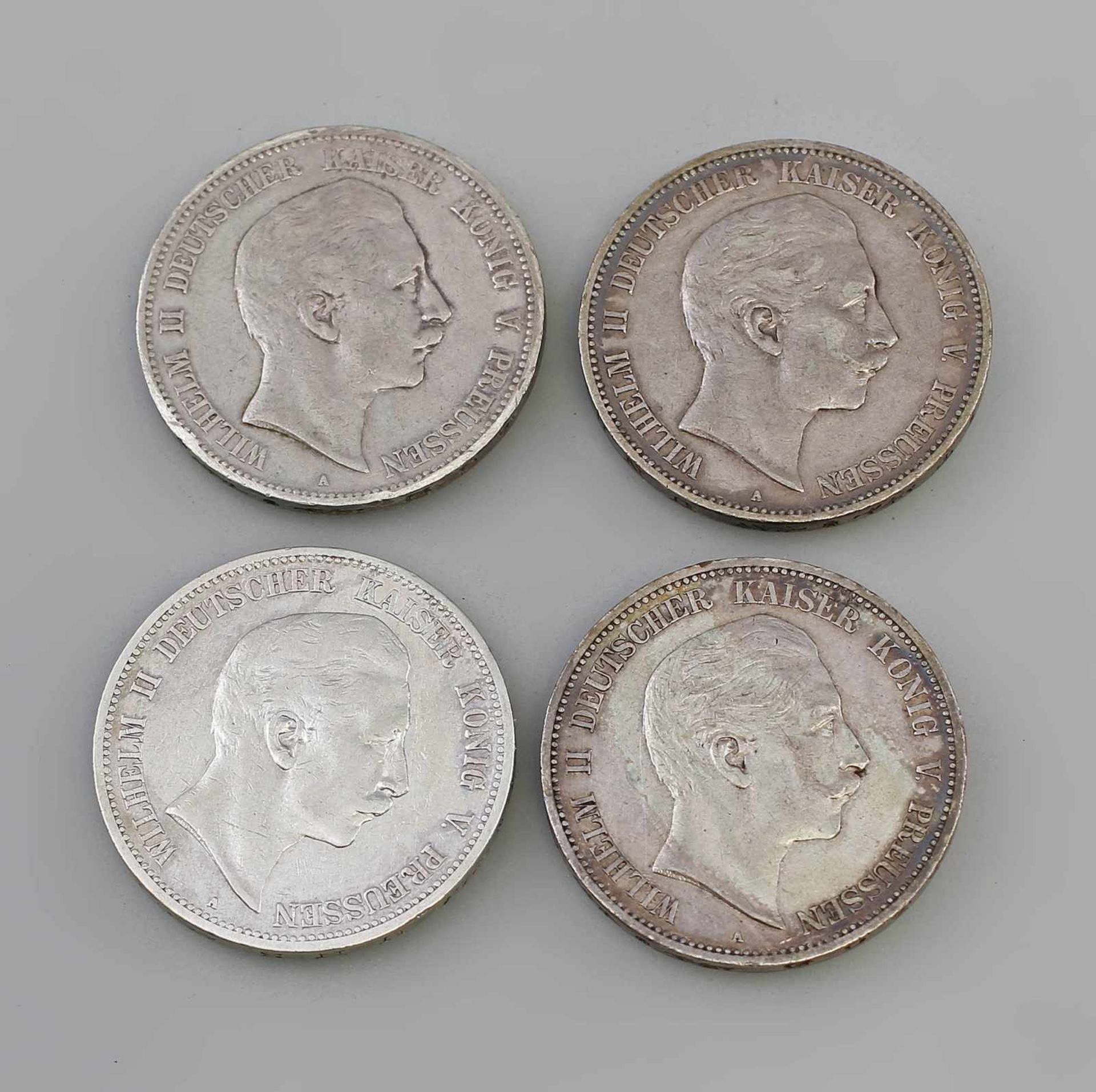 4 x 5 Mark Silbermünzen Deutsches Reich Preussen Wilhelm II Deutscher Kaiser König V. Preussen, A,