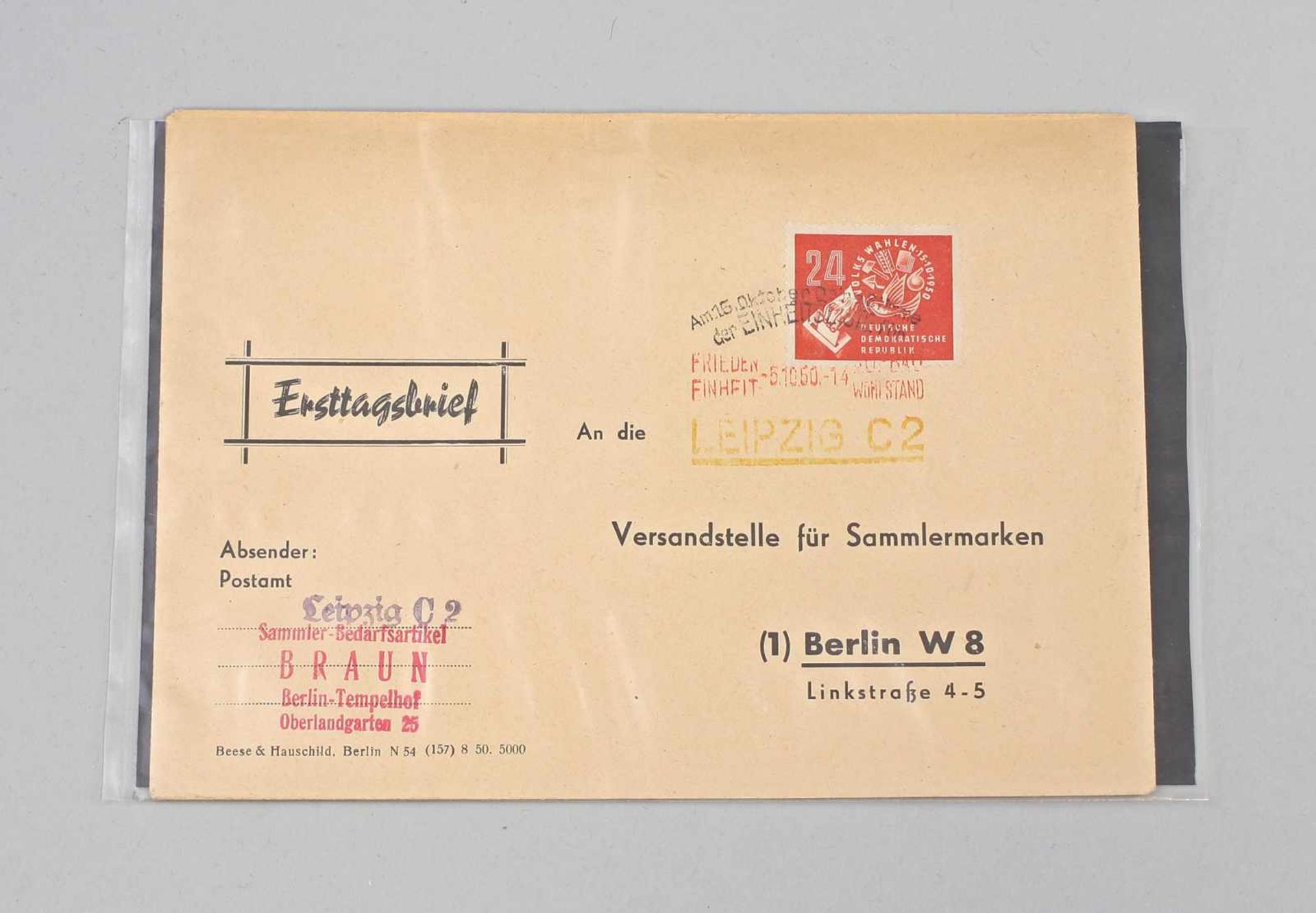 Ersttagsbrief DDR 1950 24 Pf. Volkswahlen mit Stempel DDR 1950, 24 Pf. Volkswahlen mit