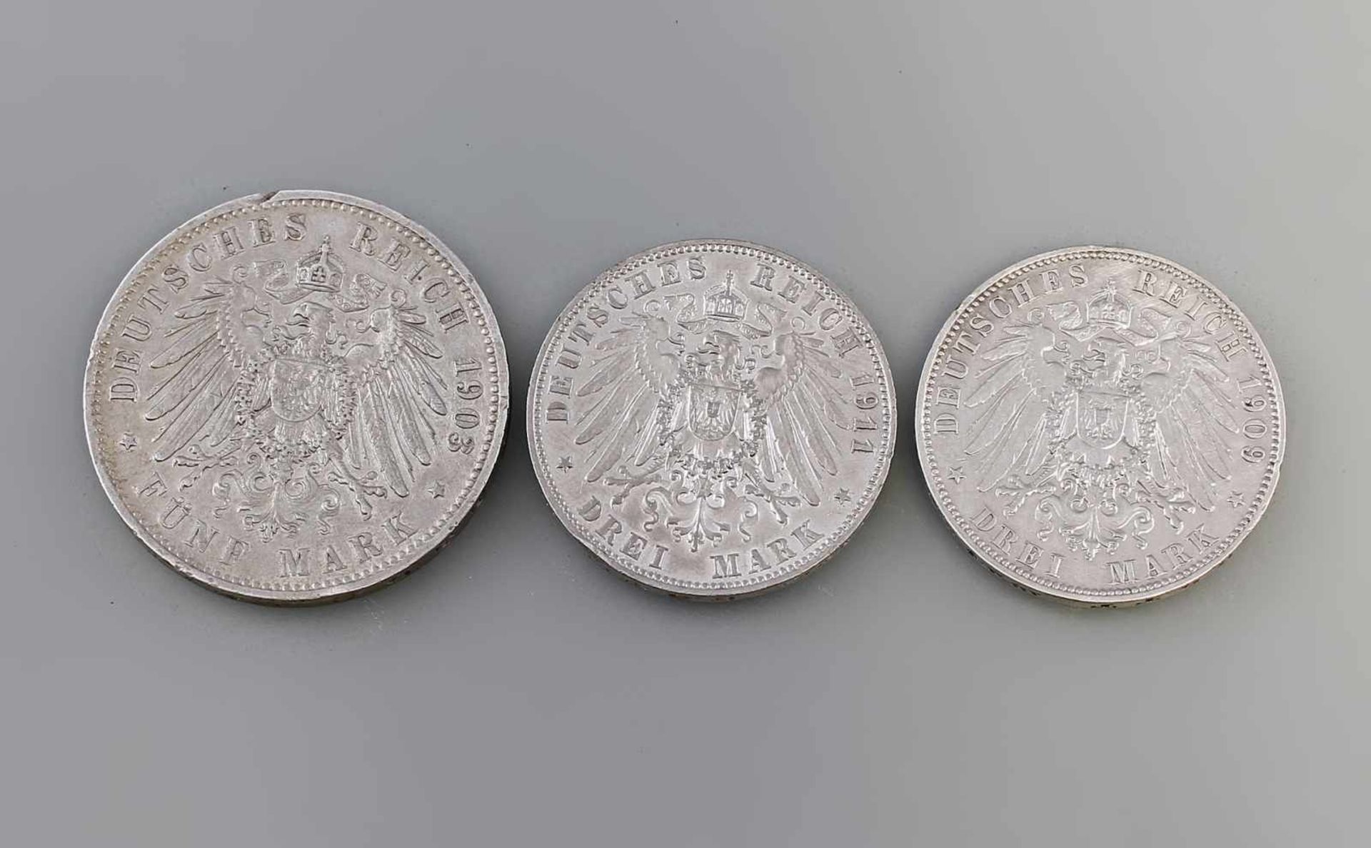 3 Silbermünzen Deutsches Reich Sachsen Friedrich August König V. Sachsen, 900er Silber, 5 Mark - Image 2 of 2