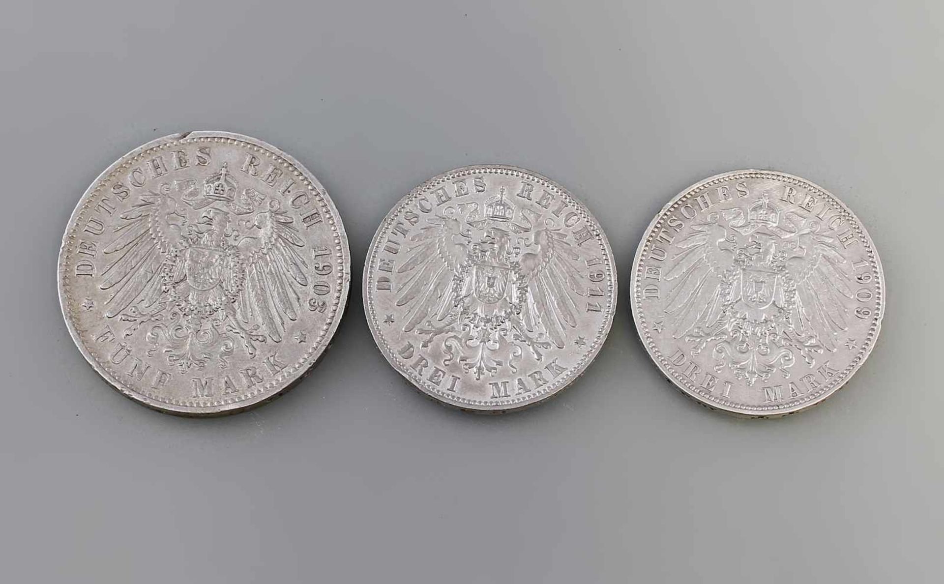 3 Silbermünzen Deutsches Reich Sachsen Friedrich August König V. Sachsen, 900er Silber, 5 Mark - Bild 2 aus 2