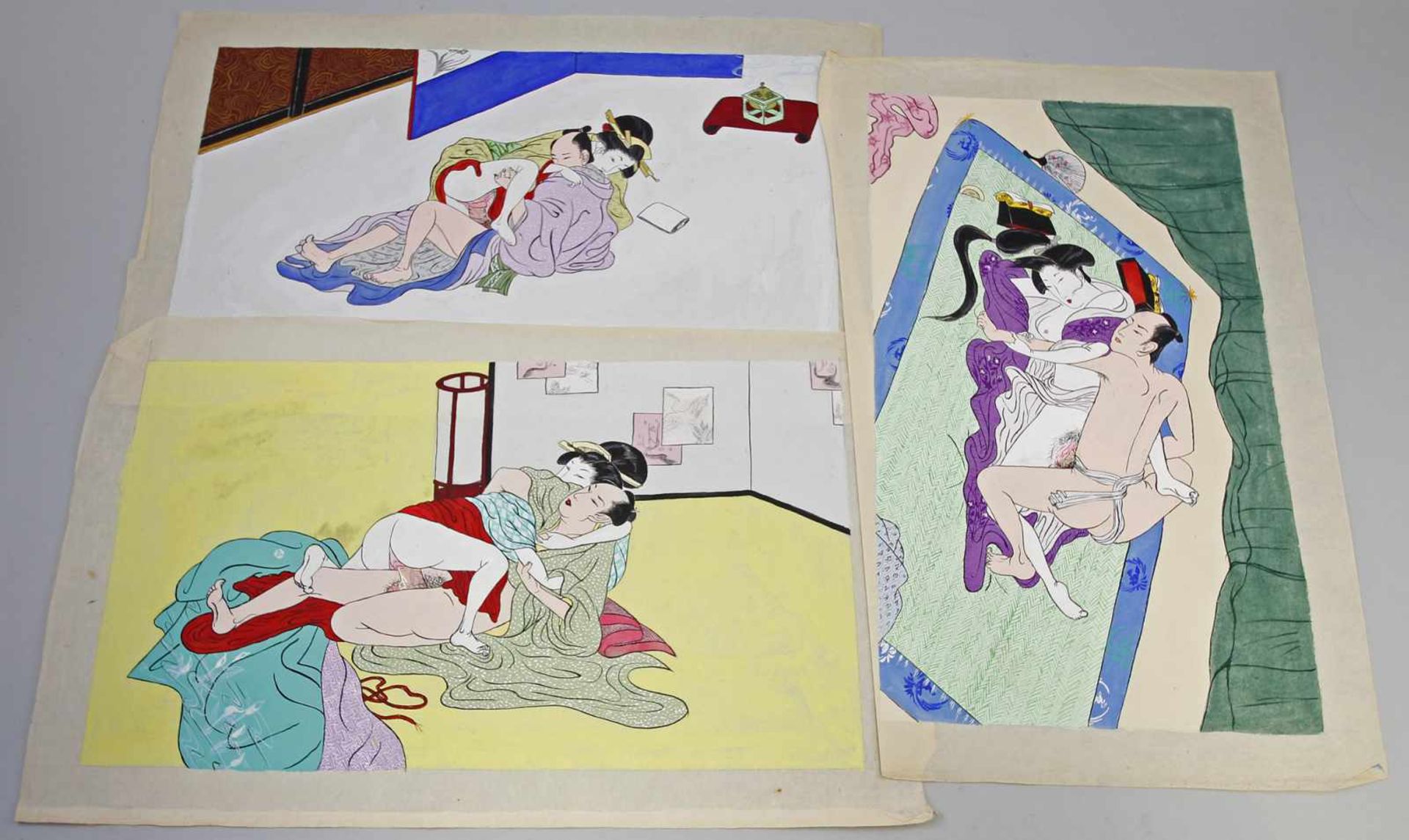 3 moderme Shunga Japan, Mitte 20. Jh., unsigniert, Aquarell/Tuschezeichnung auf dünnem,