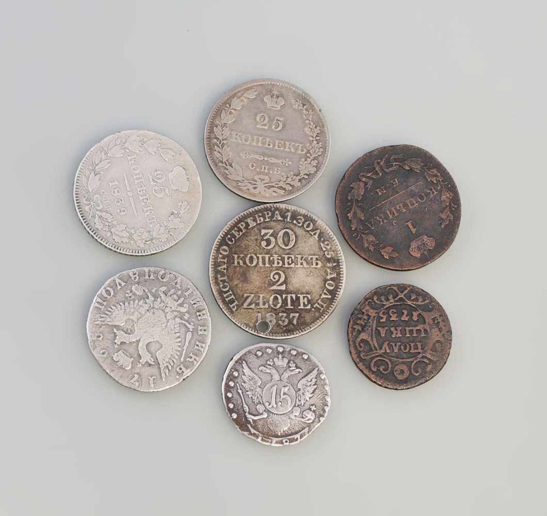 Konvolut Kleinmünzen Russland 7 Stück, dabei u.a. 25 Kopeken 1829, 25 Kopeken 1839, 1 Kopeke 1830,