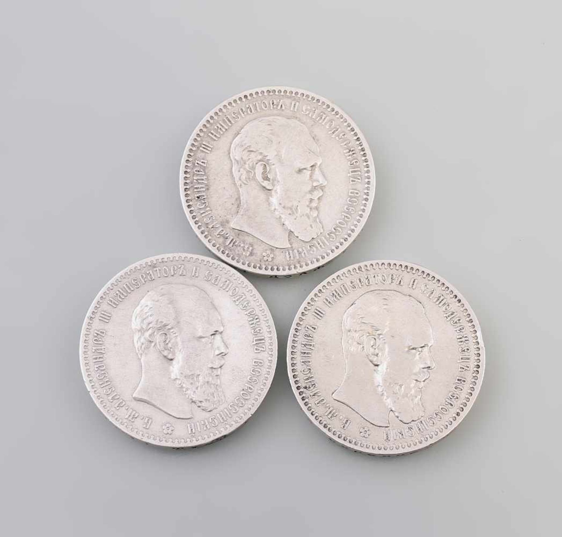 3 x 1 Rubel Russland 1892/1893 Alexander III Russland 1892, 2 x 1893, Initialen auf Rand AG (Apollon