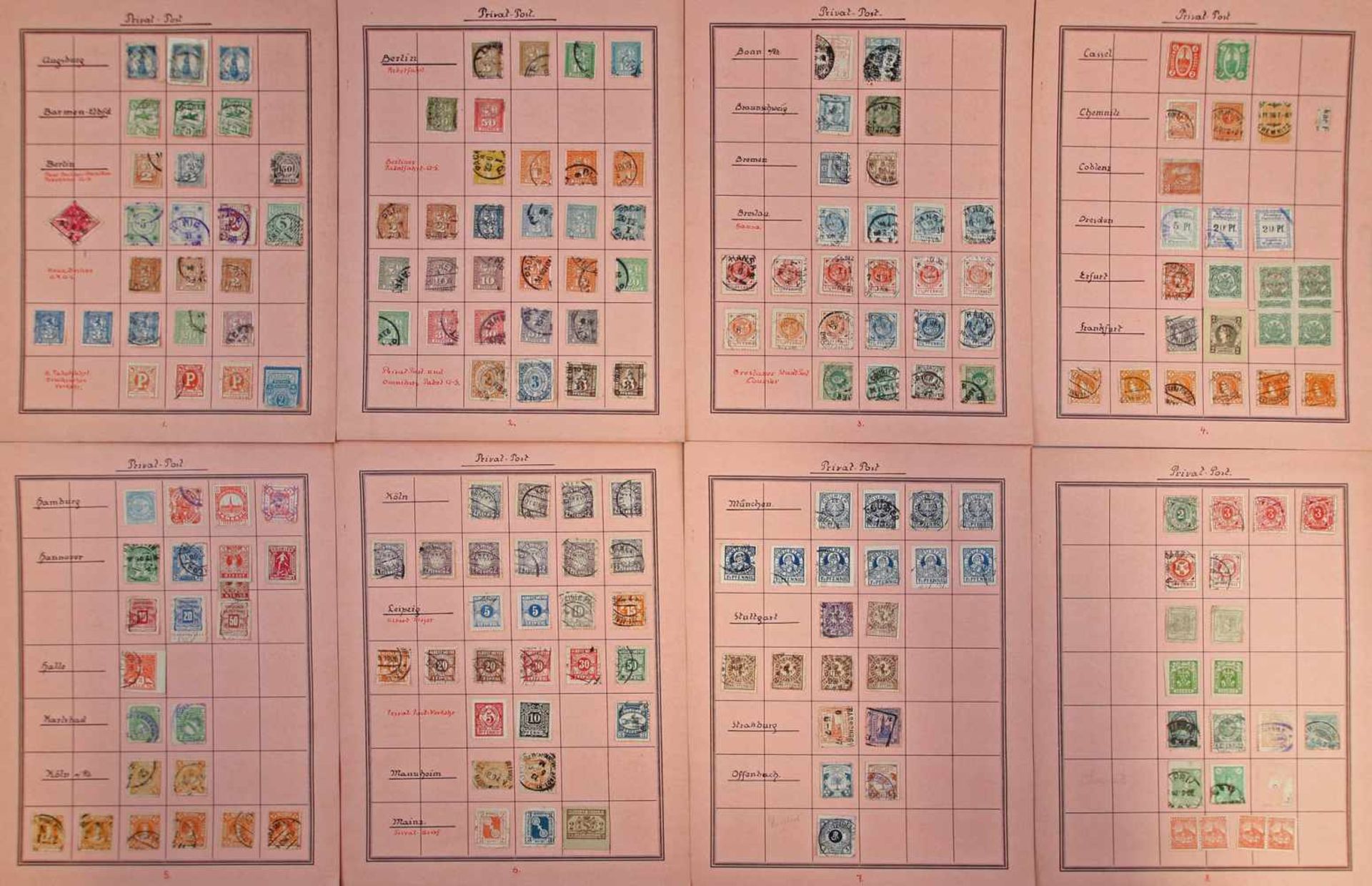 8 Bögen Briefmarken Privat-Post 19./1.H.20.Jh 19./1.H.20.Jh, 8 Bögen mit gefalzten Marken, in Mappe,