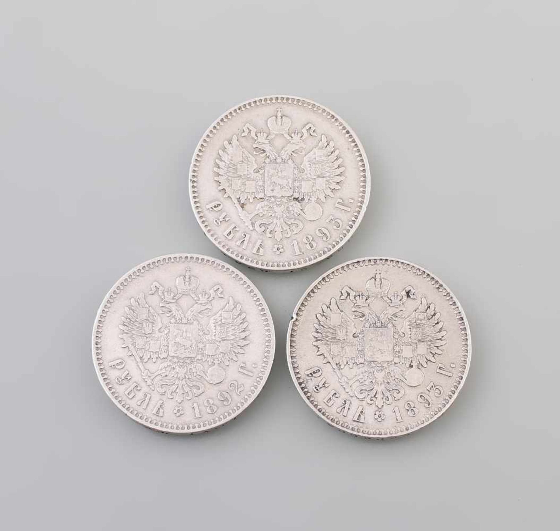 3 x 1 Rubel Russland 1892/1893 Alexander III Russland 1892, 2 x 1893, Initialen auf Rand AG (Apollon - Image 2 of 2