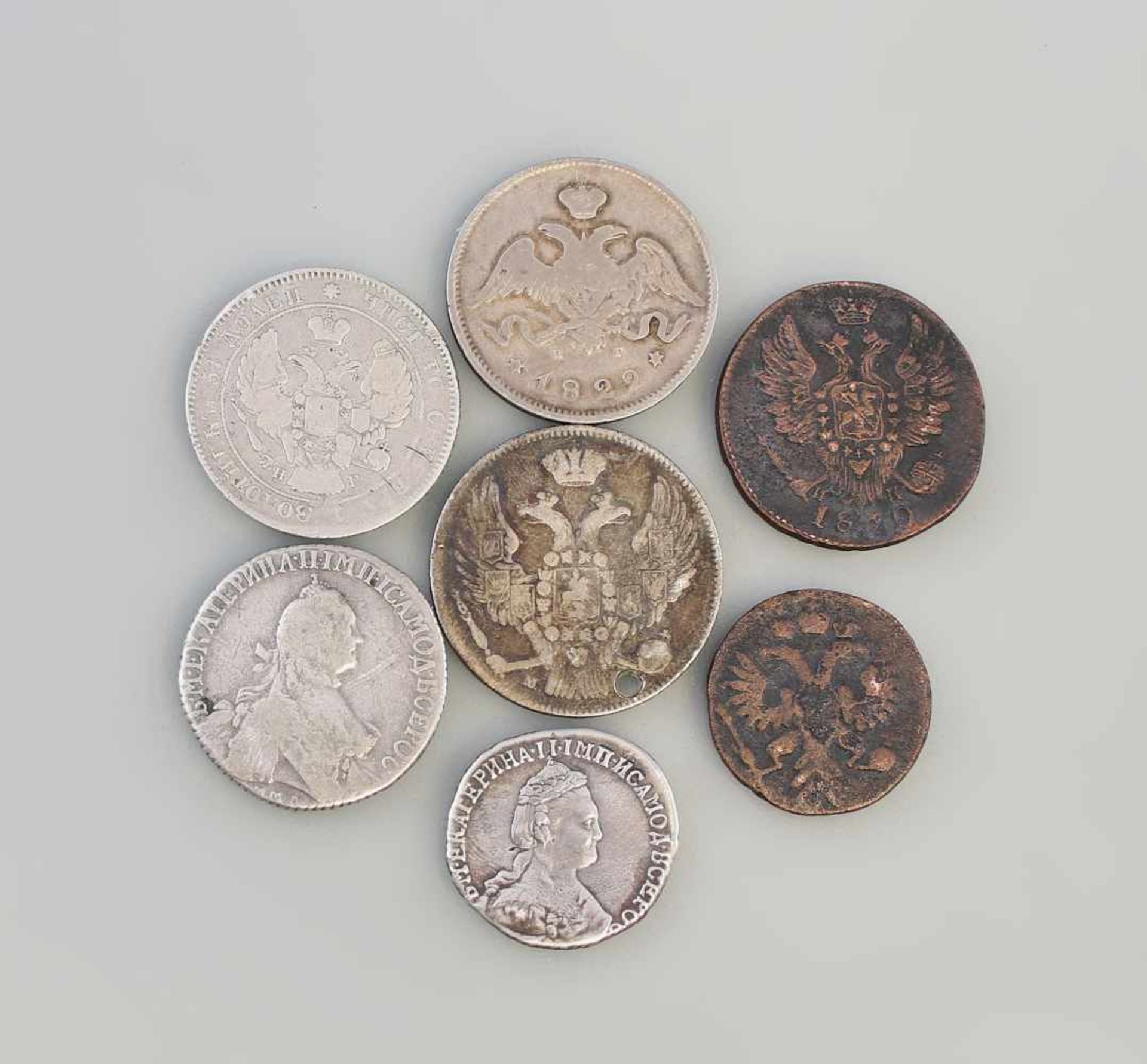 Konvolut Kleinmünzen Russland 7 Stück, dabei u.a. 25 Kopeken 1829, 25 Kopeken 1839, 1 Kopeke 1830, - Bild 2 aus 2