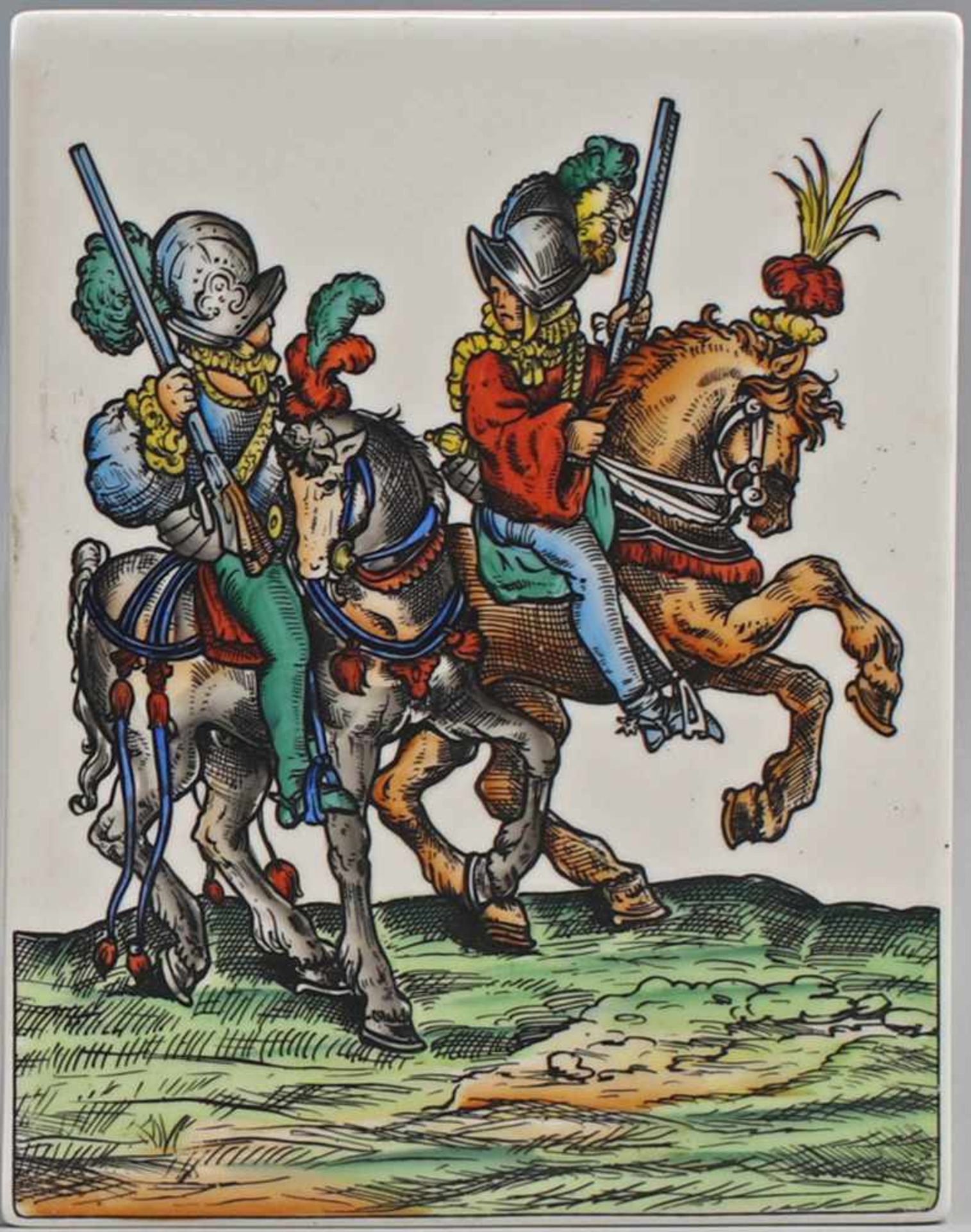 Porzellan-Bildplatte Reiter ungemarkt, handausgemalte Darstellung zweier Reiter zu Pferd, 22 x 28