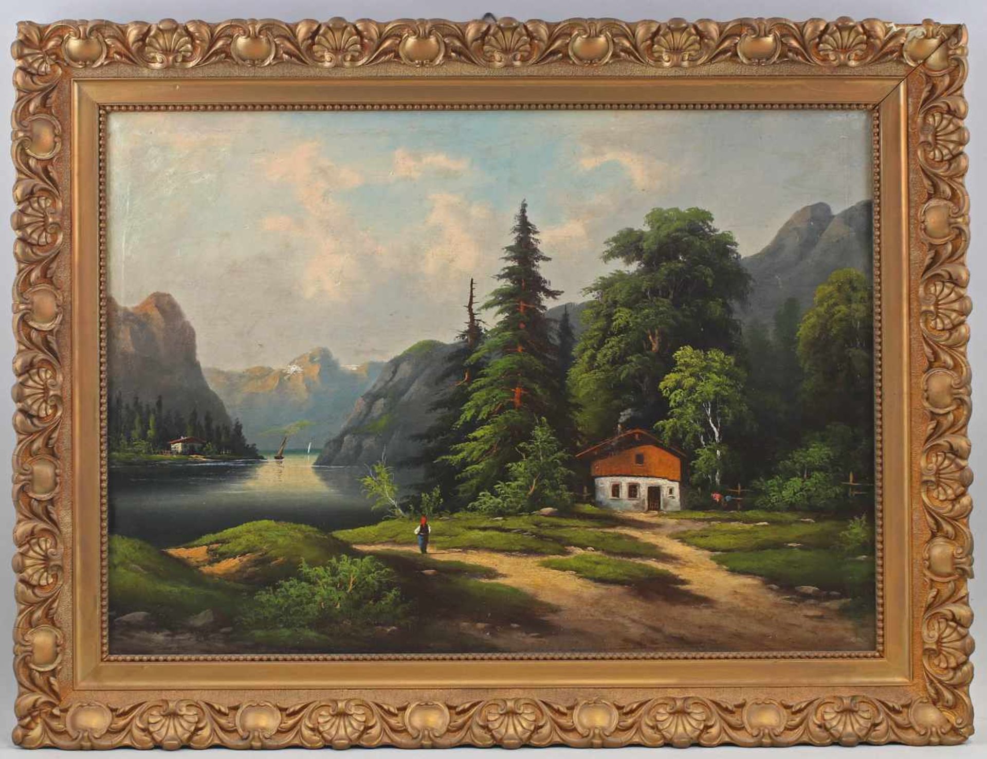 Anonym, Romantische Landschaft unsigniert, um 1900, Öl/Lwd., idyllisch unter Bäumen gelegene Hütte