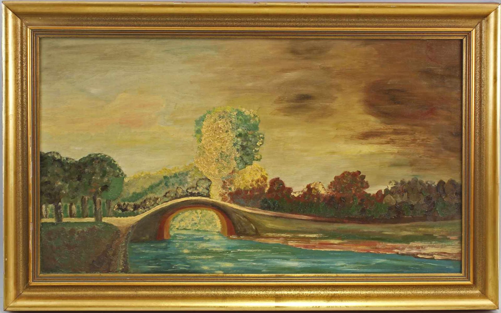 Unbekannt, Landschaft mit Brücke:. unsigniert, Mitte 20. Jh., Öl/Holz, Landschaft mit Flusslauf,