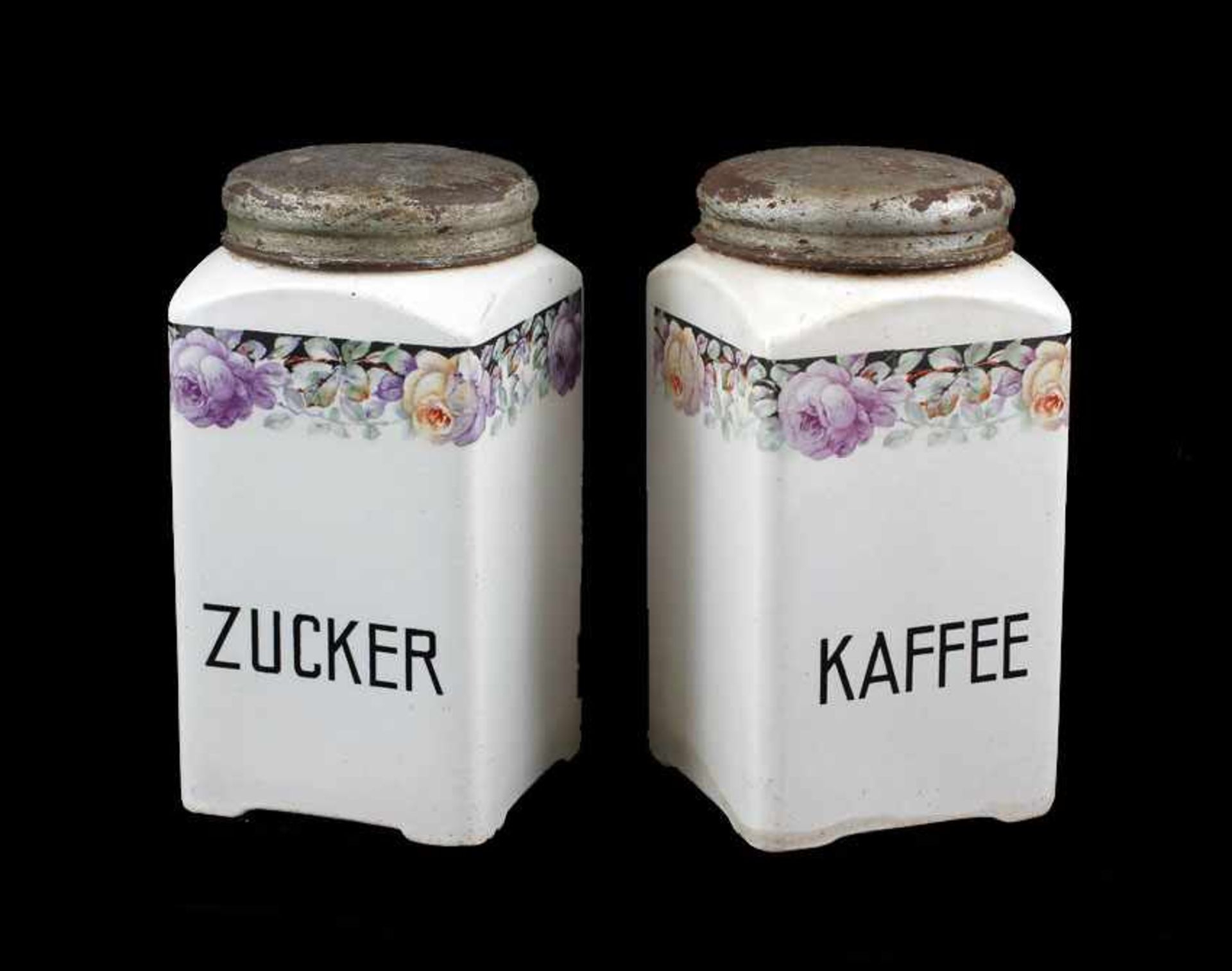 Paar Vorratsdosen Zucker und Kaffee. ungemarkt, alt, Mod.-nr. 303, farbige Rosenbordüre, schwarze