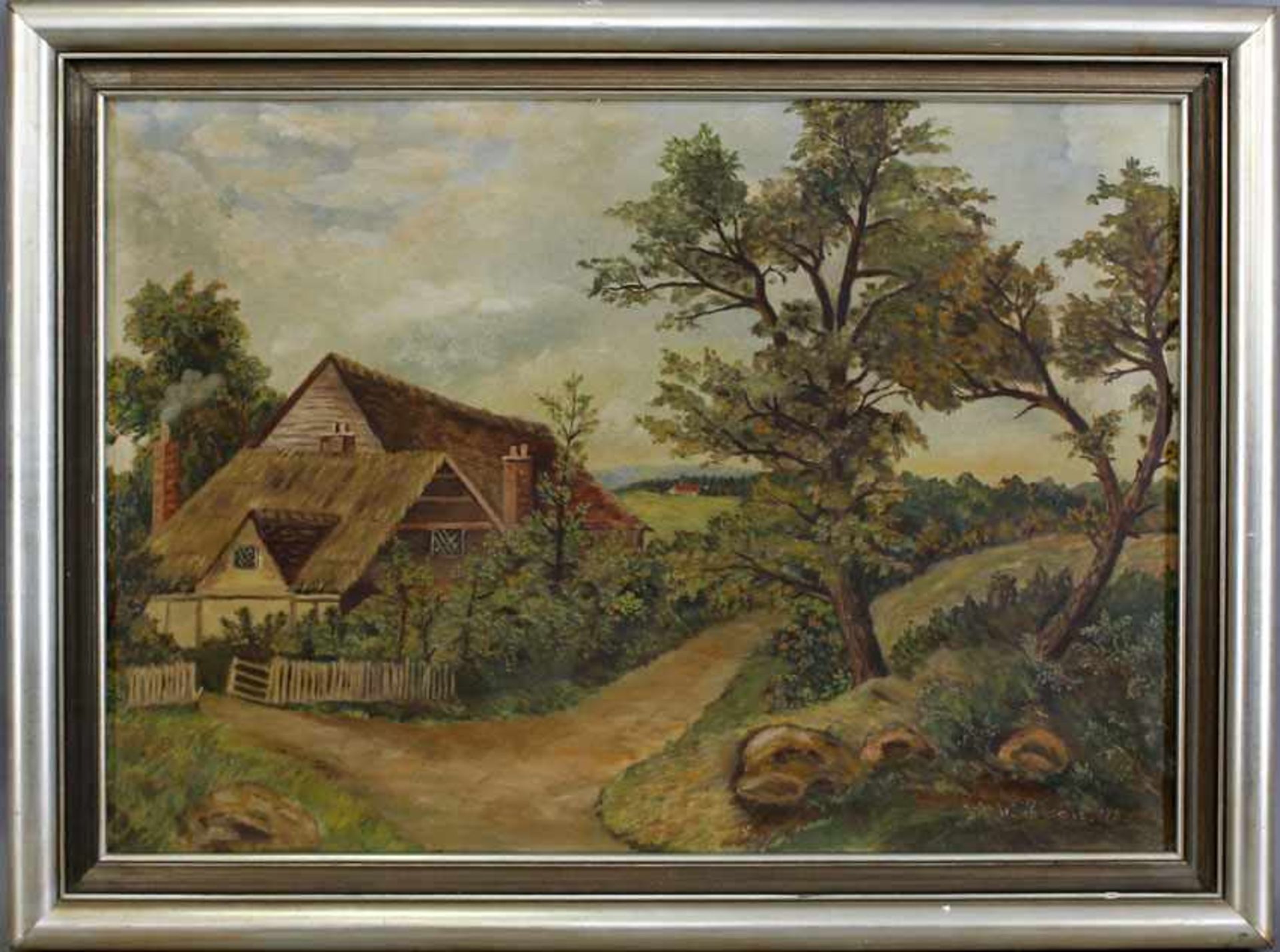 Rorsche, Bauernhaus. re. u. sign. "W. Rorsche" und dat. "1950", Öl/Lwd, in sanfter Hügellandschaft