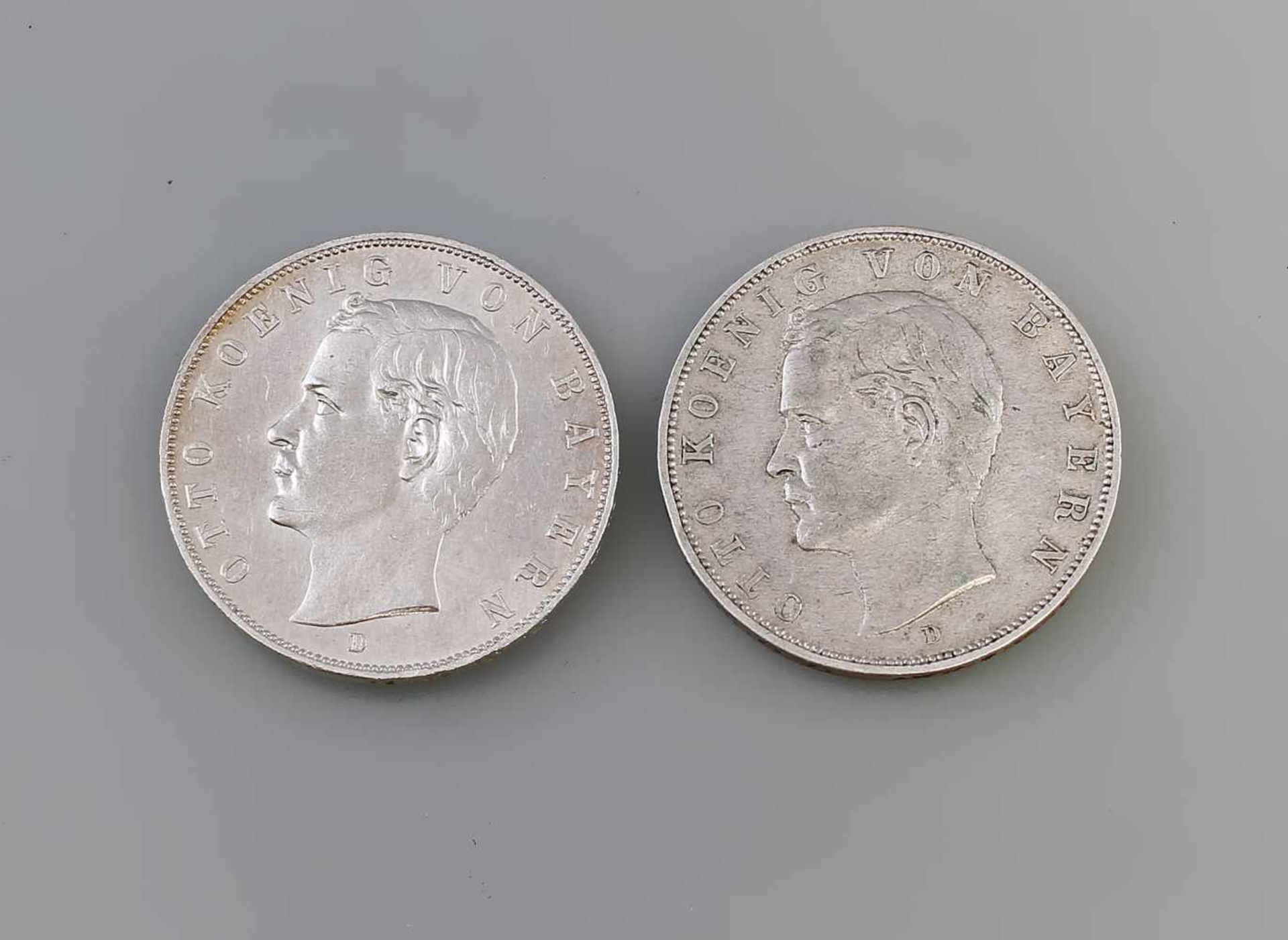 2 x 3 Mark Bayern Deutsches Reich 1909 u. 1912 Otto Koenig Von Bayern, D, 900er Silber, 17 g,