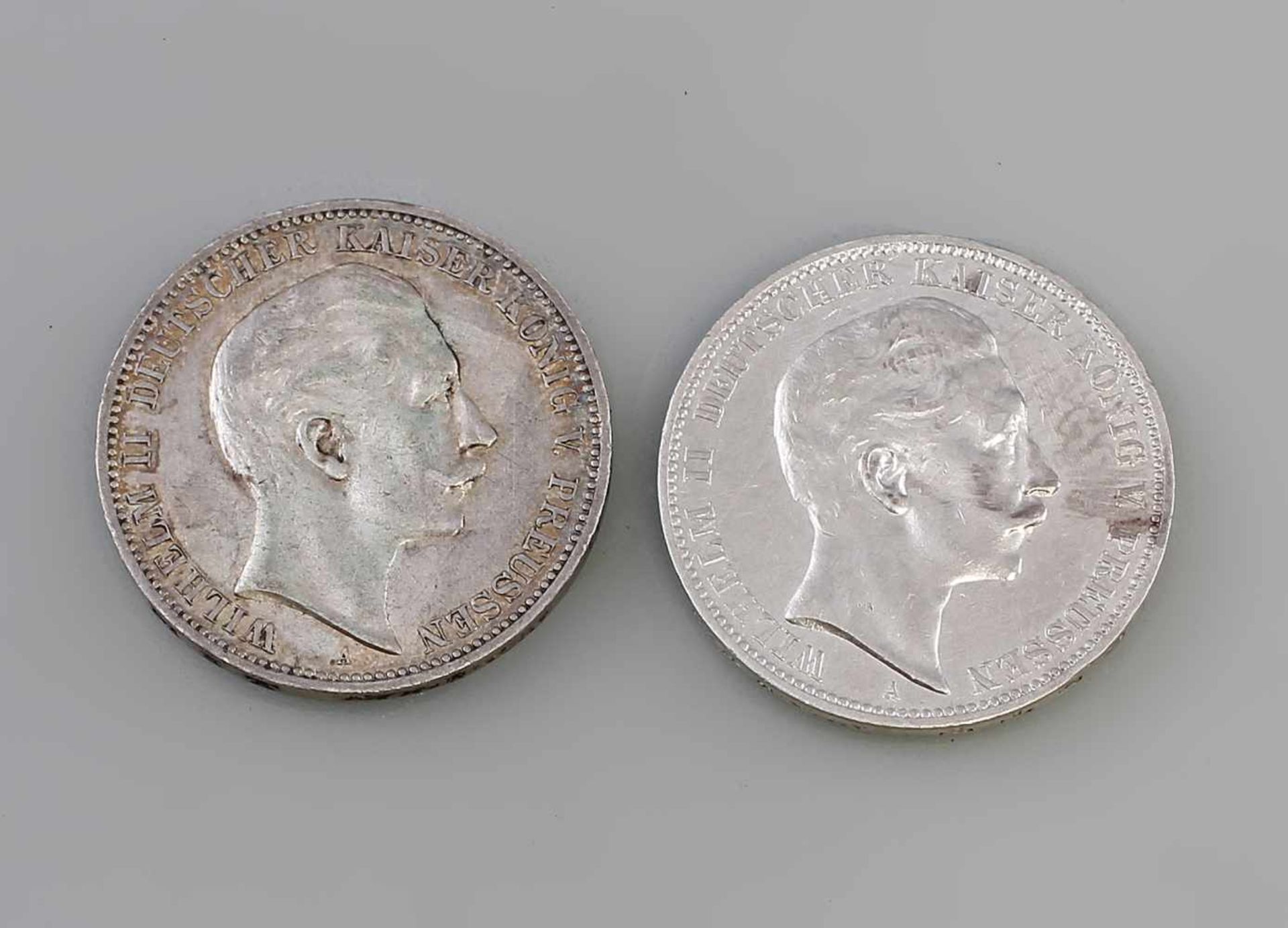 2 x 3 Mark Silbermünzen Deutsches Reich 1909/10 Wilhelm II Deutscher Kaiser König V. Preussen, A,