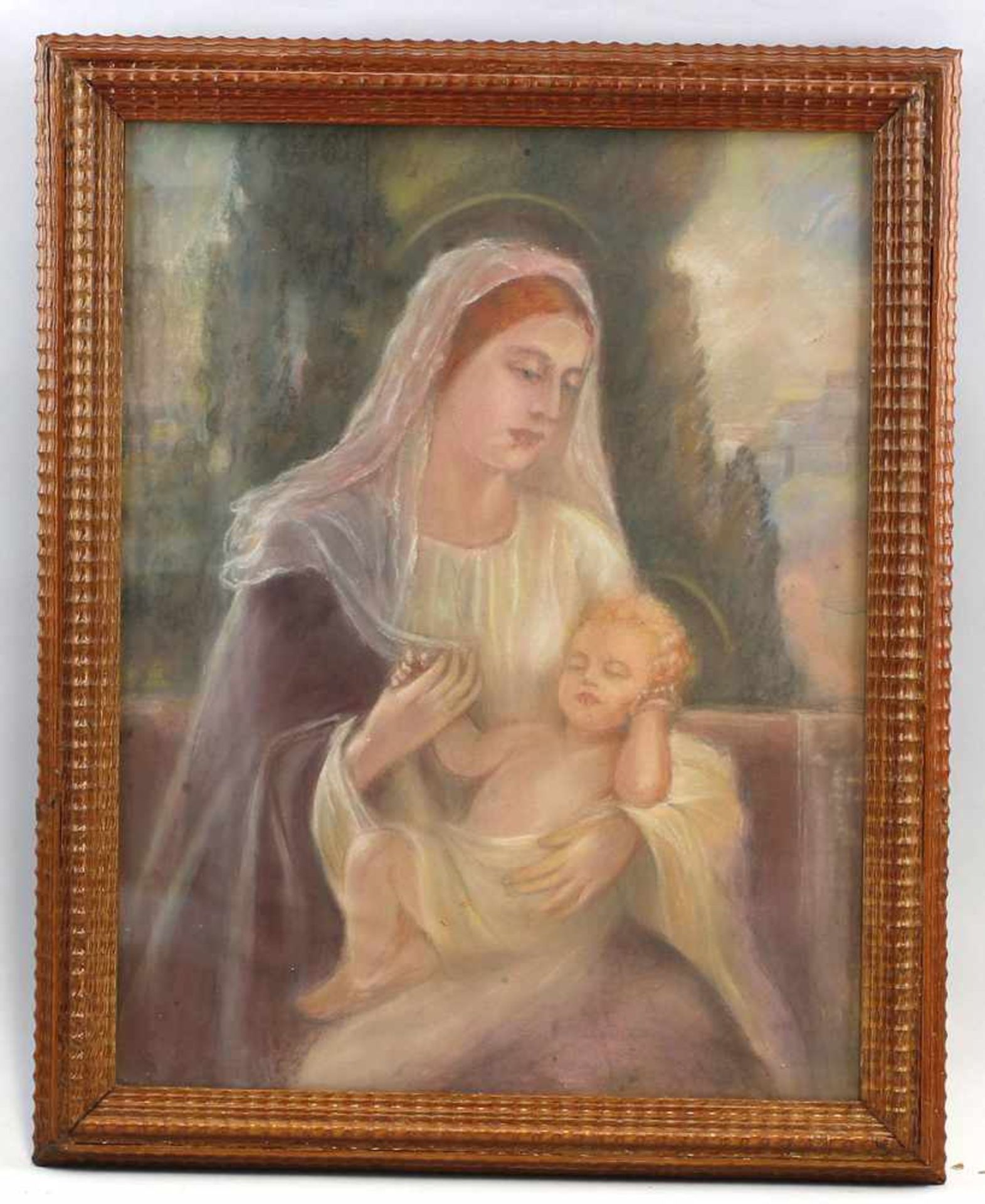 Unbekannt, Madonna: unsigniert, wohl Russland, Aquarell/Kreide/Karton, Hüftporträt der sitzenden