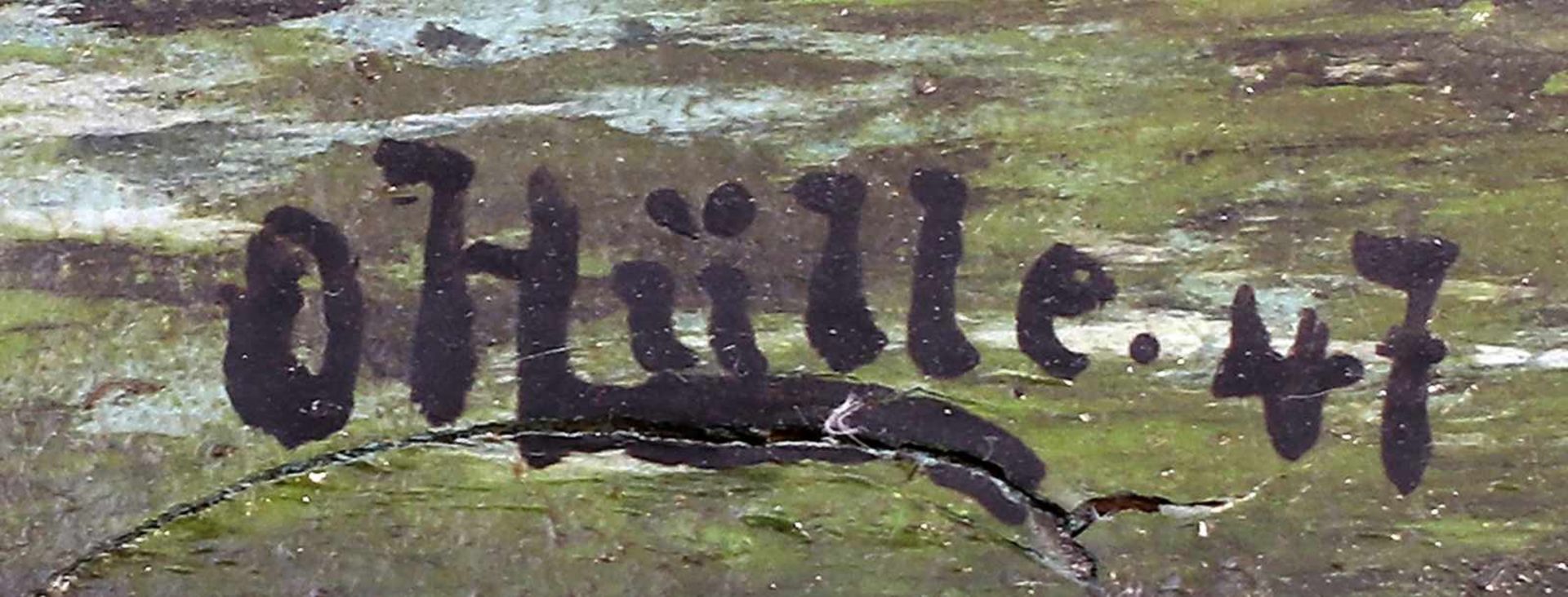 Hülle, Waldstück mit Weiher li. u. sign. "O. Hülle" und dat. (19)47, Öl/Holz, Weiher in einem - Bild 2 aus 2