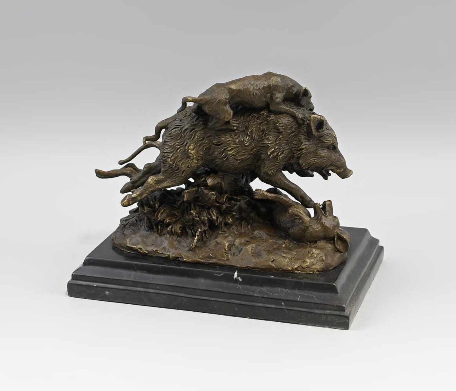 Mene, Bronze Wildschweinjagd Bronze, brüniert, sign. "Pierre Jules Mene", in detaillierter - Bild 3 aus 3