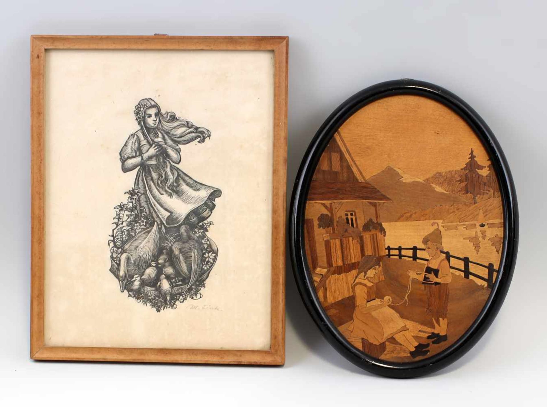 2 Bilder mit Kindermotiven dabei Lithographie, re. u. sign. "M. Fink", bez. "Gänseliesel", hinter