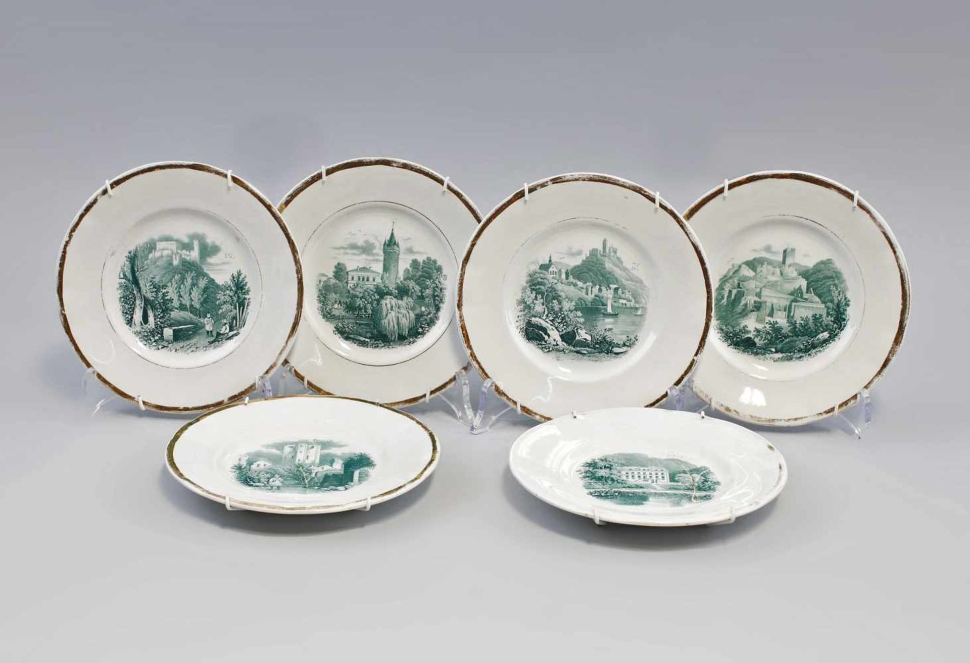 6 Teller Burgenmotive Mettlach gemarkt Villeroy & Boch, Mettlach, um 1900, im Spiegel jeweils