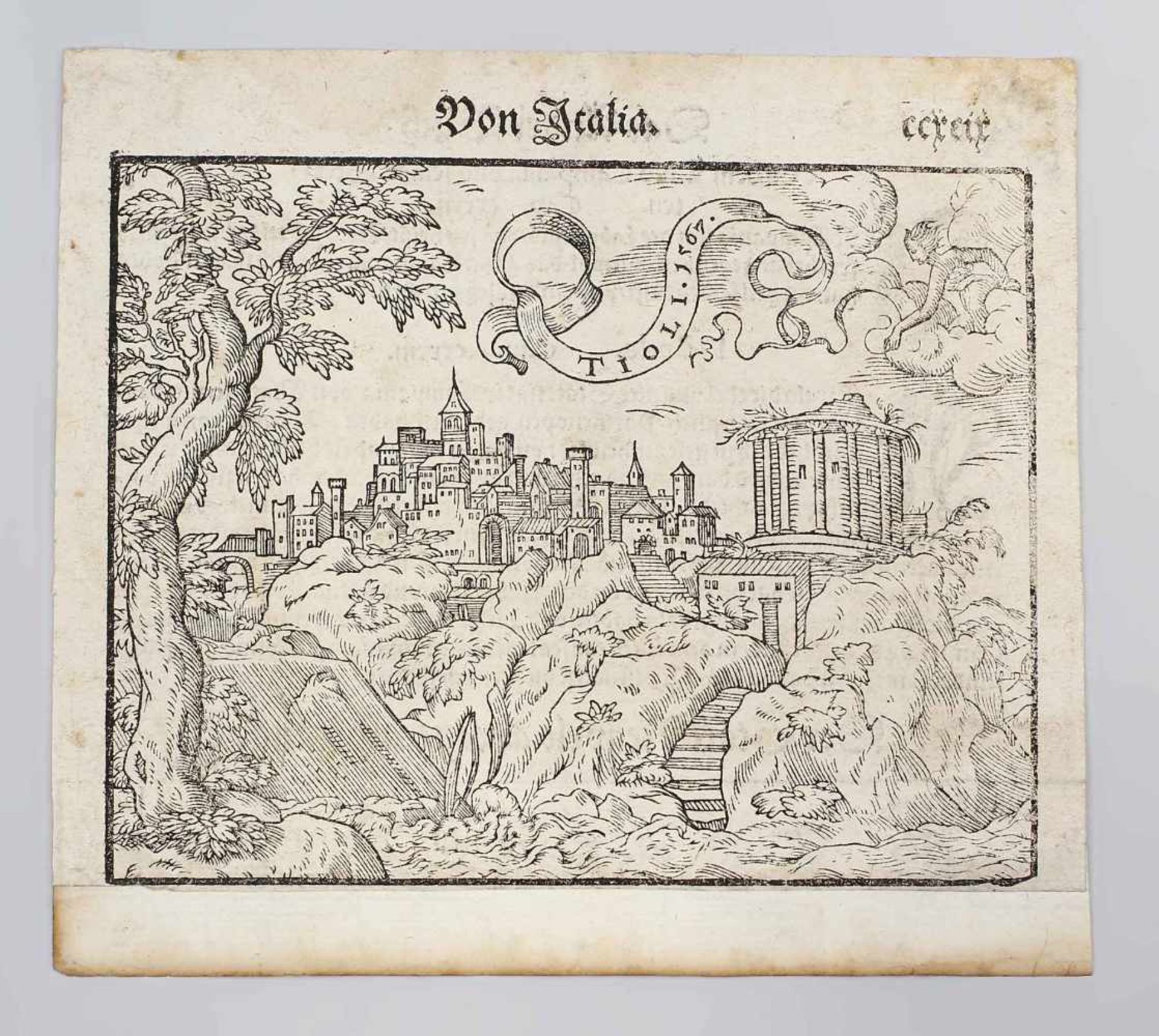 Seb. Münster, Ansicht von Tivoli Holzschnitt, betitelt "Tioli 1567" aus dem Kapitel "Von Italia", S.