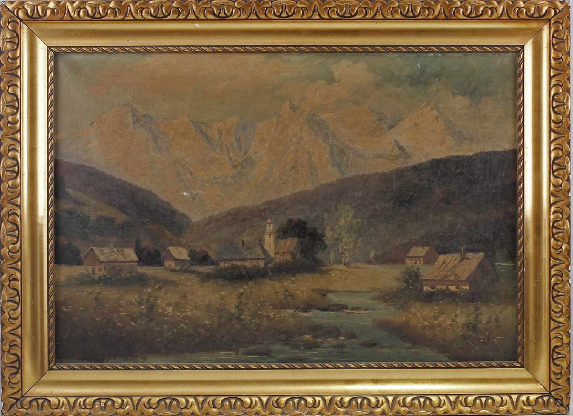 Unbekannt, Alpendorf/*998 re. u. undeutl. sign., 1. H. 20. Jh., Öl/Lwd., Alpenlandschaft mit Blick