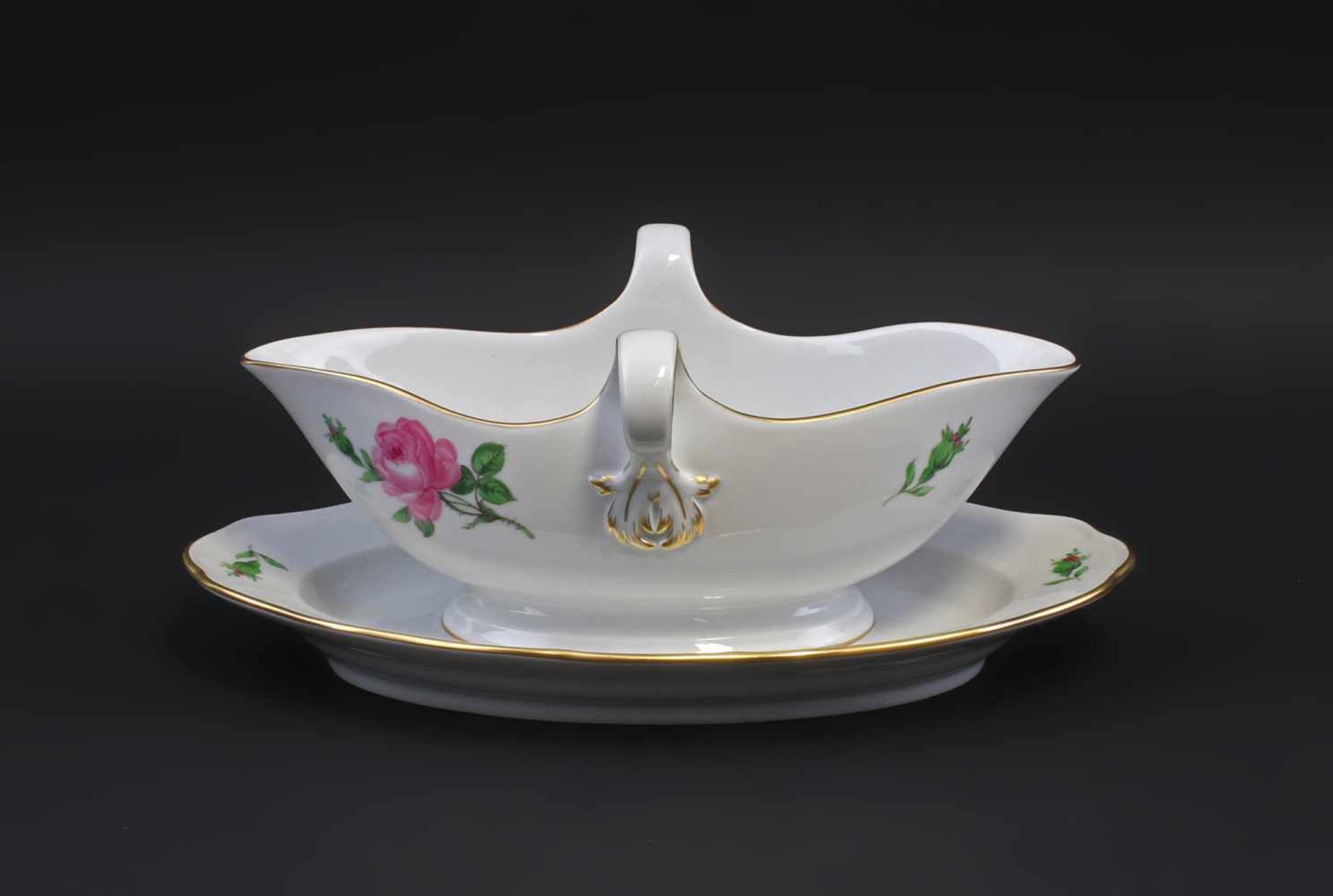 Sauciere Meissen Rose unterglasurblaue Schwertermarke Meissen, nach 1934, ohne Durchschliffe,