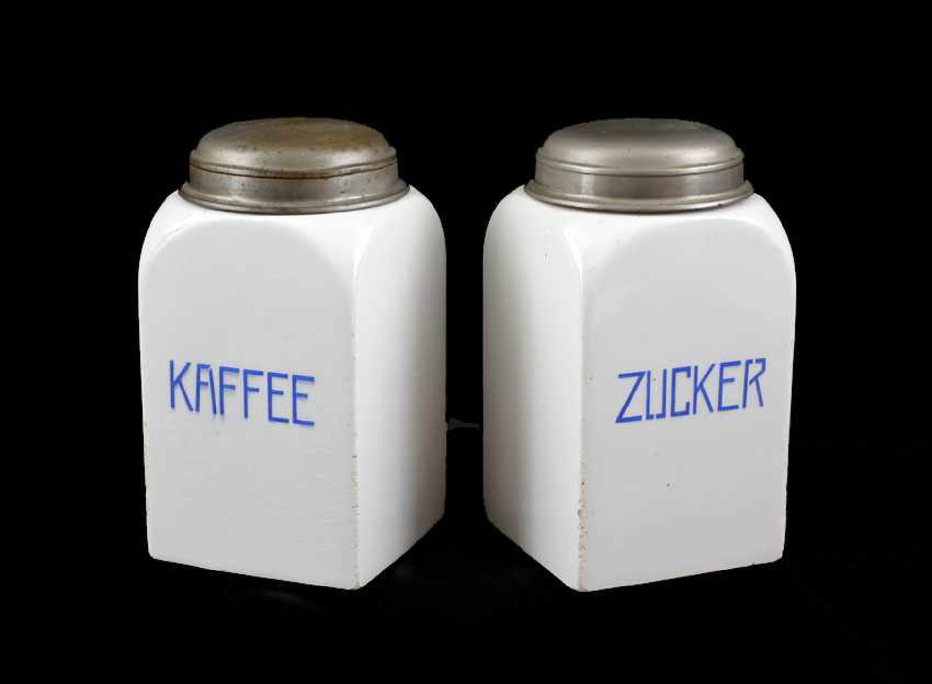 Paar Vorratsdosen Zucker und Kaffee. ungemarkt, alt, Modell Alex, blaue Aufschrift, leicht