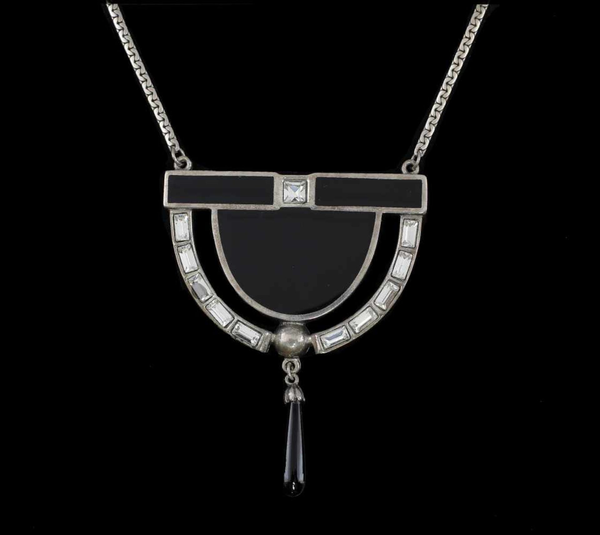 Collier mit Swarovski-Steinen und Onyx Art deco 925er Silber, eingelassene Swarovski-Steine und Onyx - Bild 2 aus 2