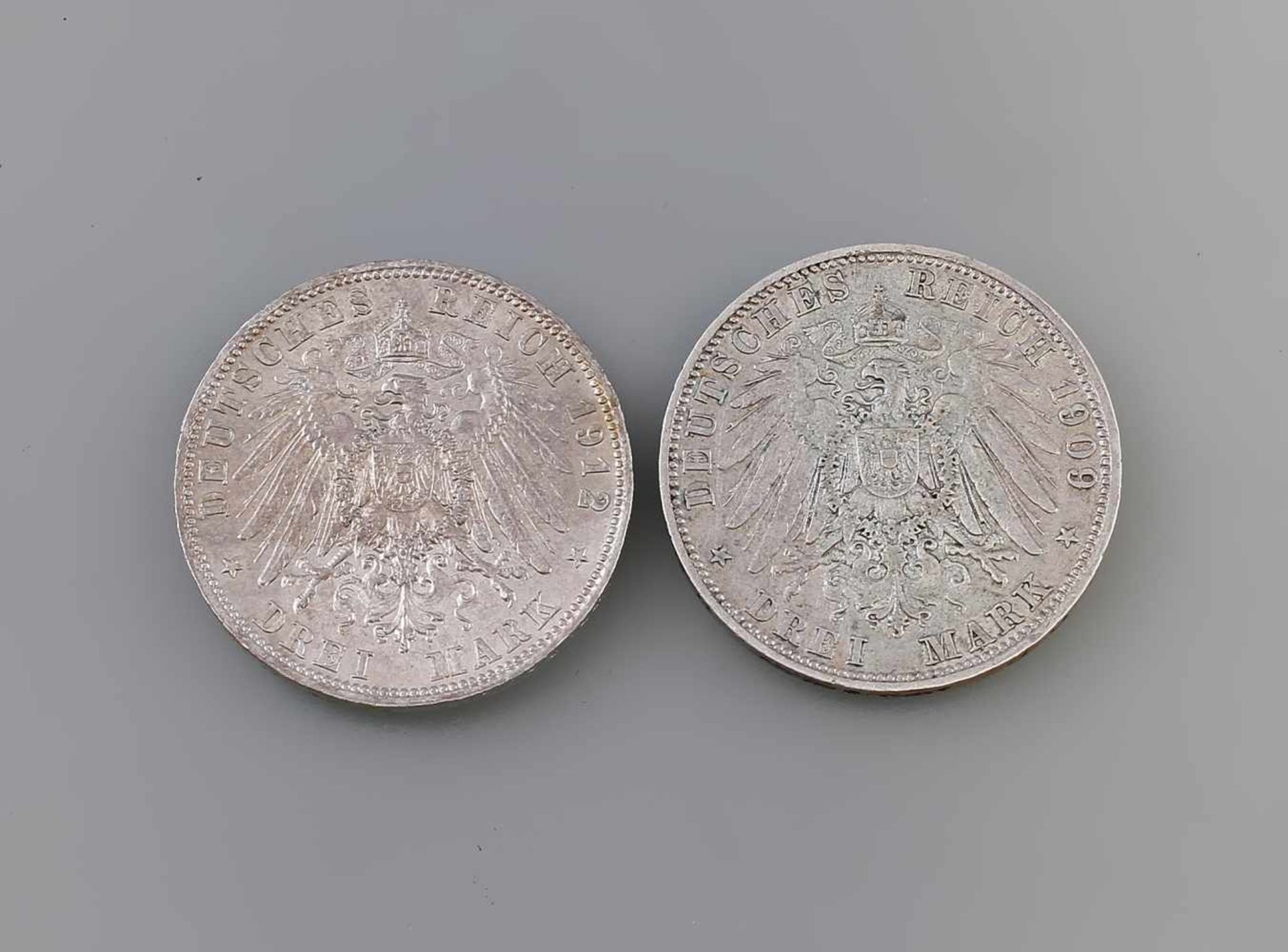 2 x 3 Mark Bayern Deutsches Reich 1909 u. 1912 Otto Koenig Von Bayern, D, 900er Silber, 17 g, - Bild 2 aus 2