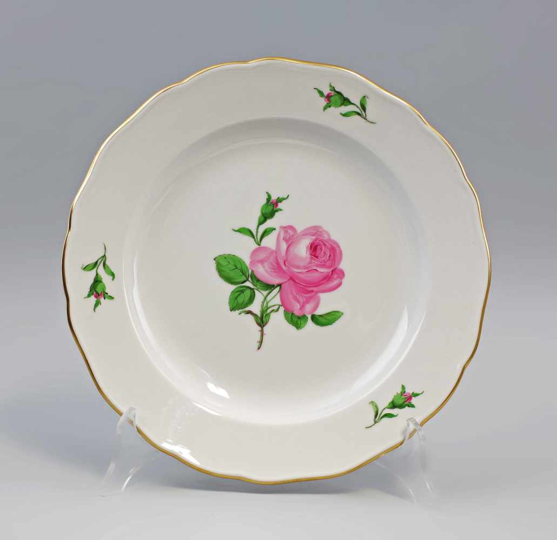 Speise-Teller Meissen Rose unterglasurblaue Schwertermarke Meissen, nach 1934, ohne Durchschliffe,