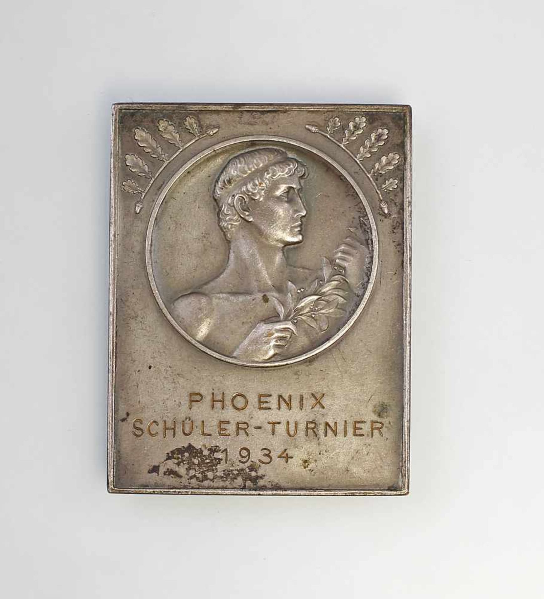 Sport-Plakette Phoenix Turnier 1934:. Vs relief. Bildnis eines antiken Sportlers, bez. "Phoenix