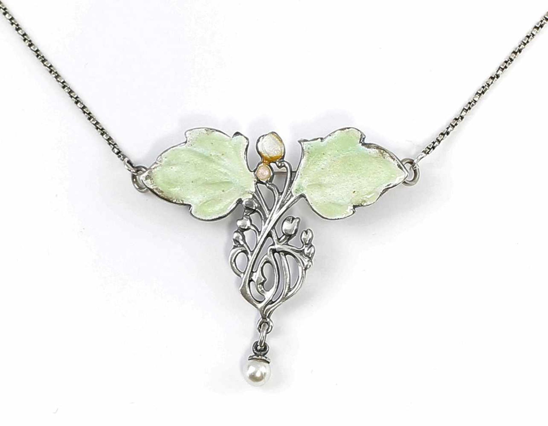 emailliertes Jugendstil-Collier mit Perle 925er Silber, im Jugendstil später gefertigt, partiell