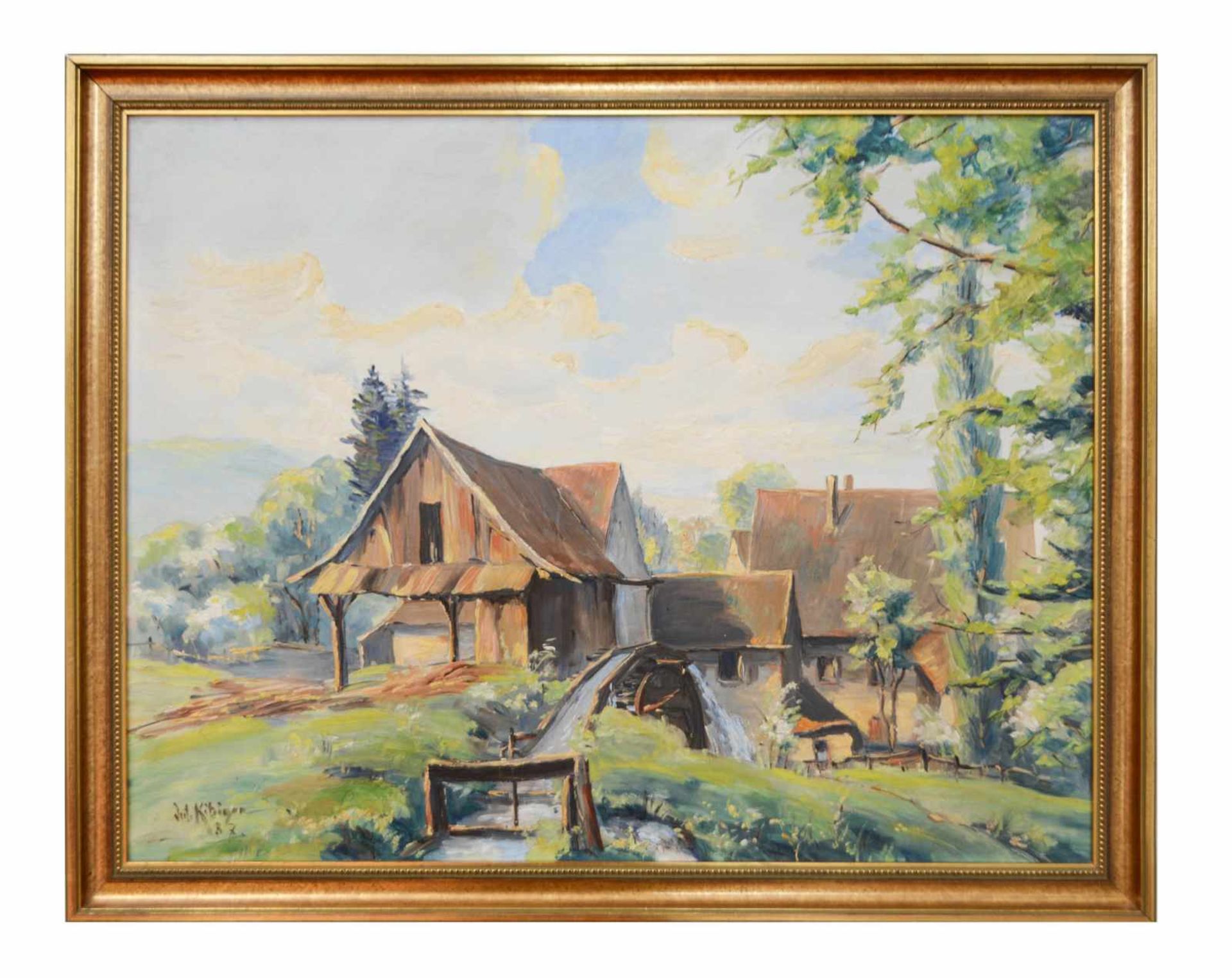 Julius Kibiger (1903 Feldberg - 1983 Müllheim) Landschaft mit Bauerngehöft und Mühle, Öl auf Platte,