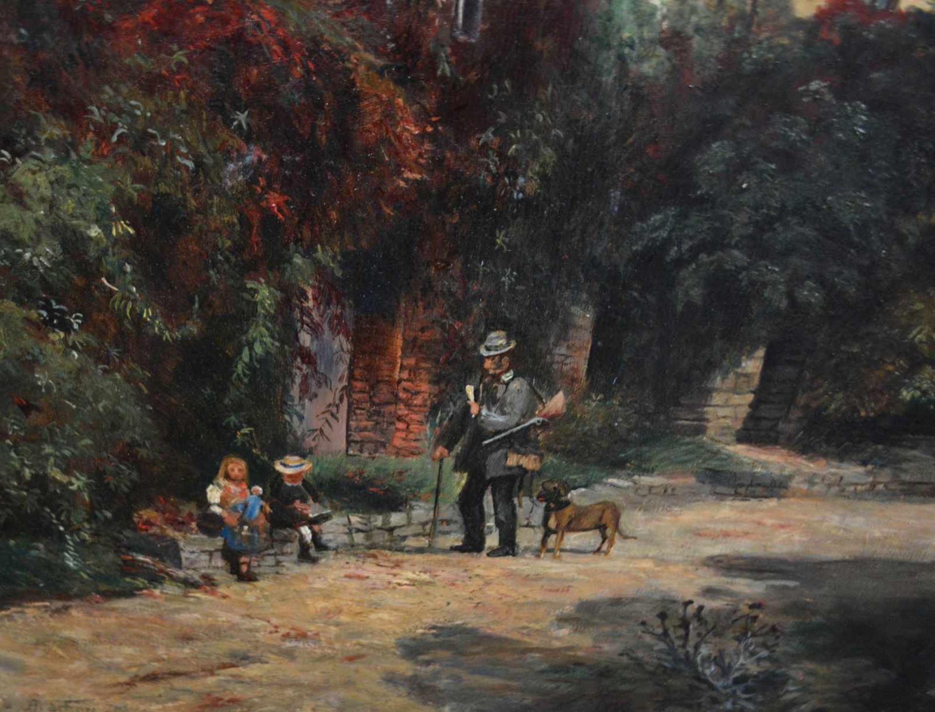 Künstler des 19. Jh. Jäger und 2 Kinder vor Efeu-bewachsenen Häusern, im Hintergrund Uhrenturm, Öl - Bild 5 aus 5
