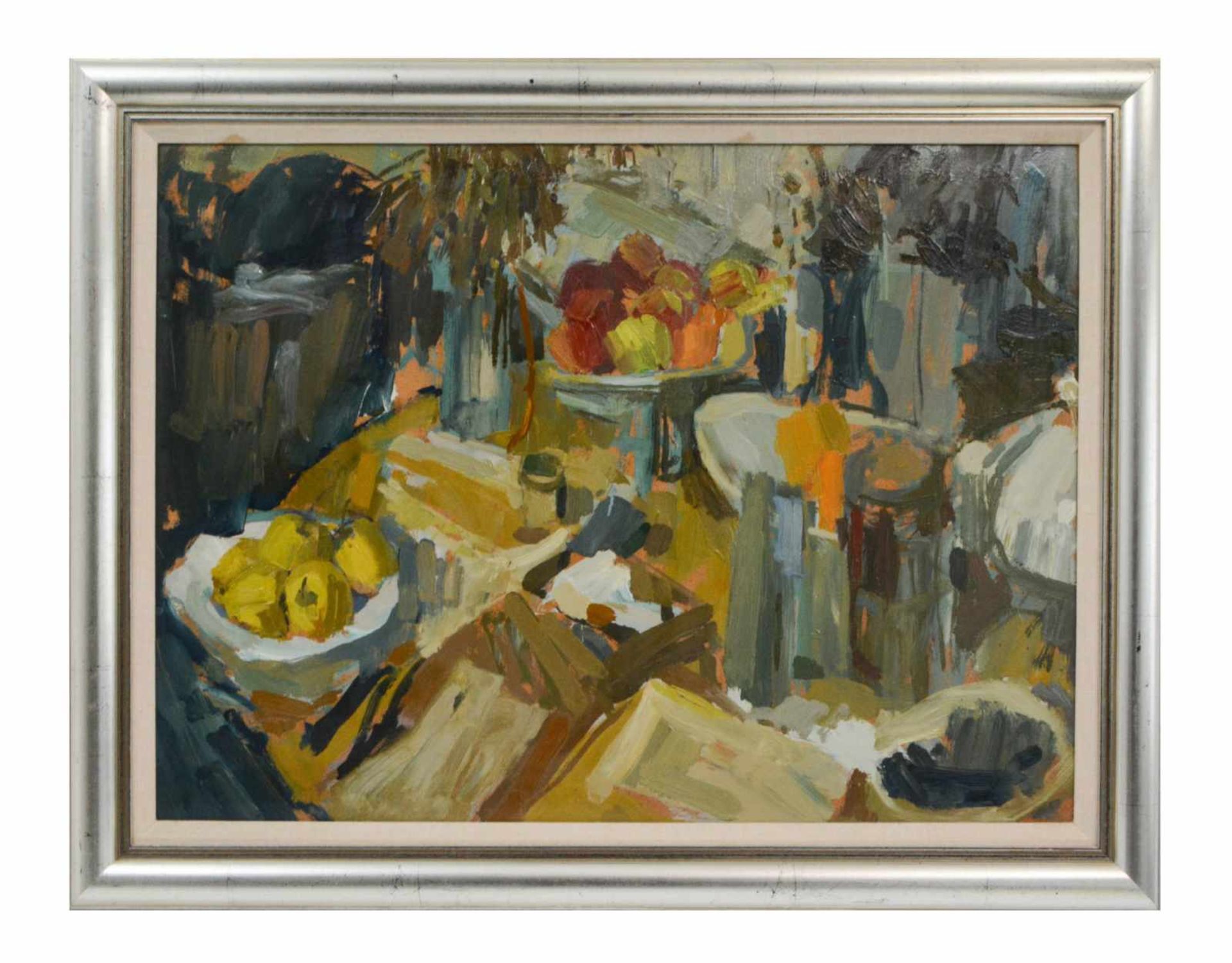 Bernd Terhorst (1893 Emmerich - 1986) Küchenstillleben mit Obsttellern, Öl auf Platte, 54 cm x 73