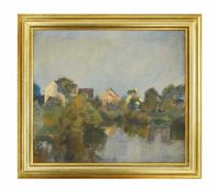 Max Doerner (1870 Burghausen - 1939 München) Häuser am See, Öl auf Leinwand, 81 cm x 90,5 cm,