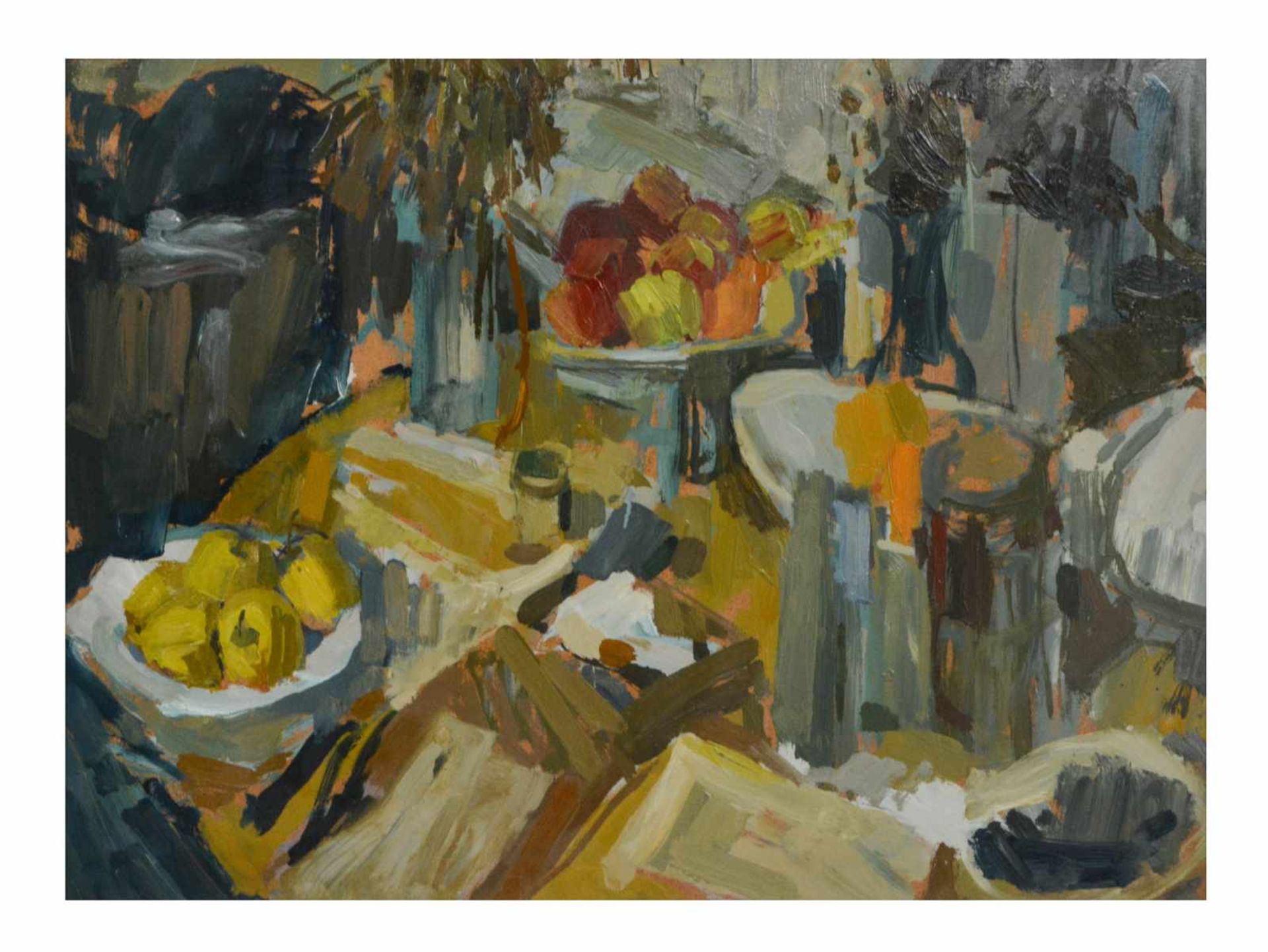 Bernd Terhorst (1893 Emmerich - 1986) Küchenstillleben mit Obsttellern, Öl auf Platte, 54 cm x 73 - Bild 2 aus 2